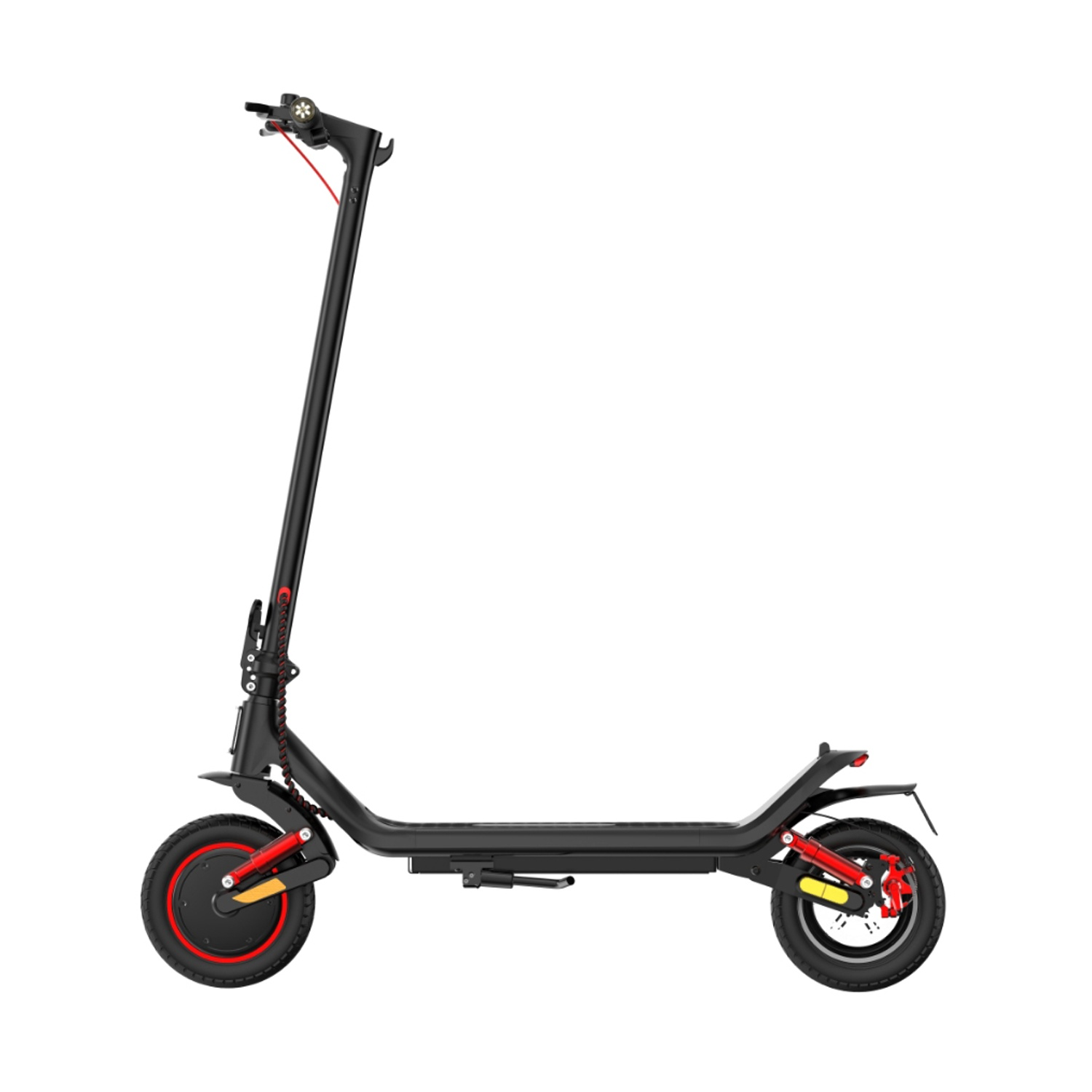 Un monopattino elettrico nero con accenti rossi e ruote nere.