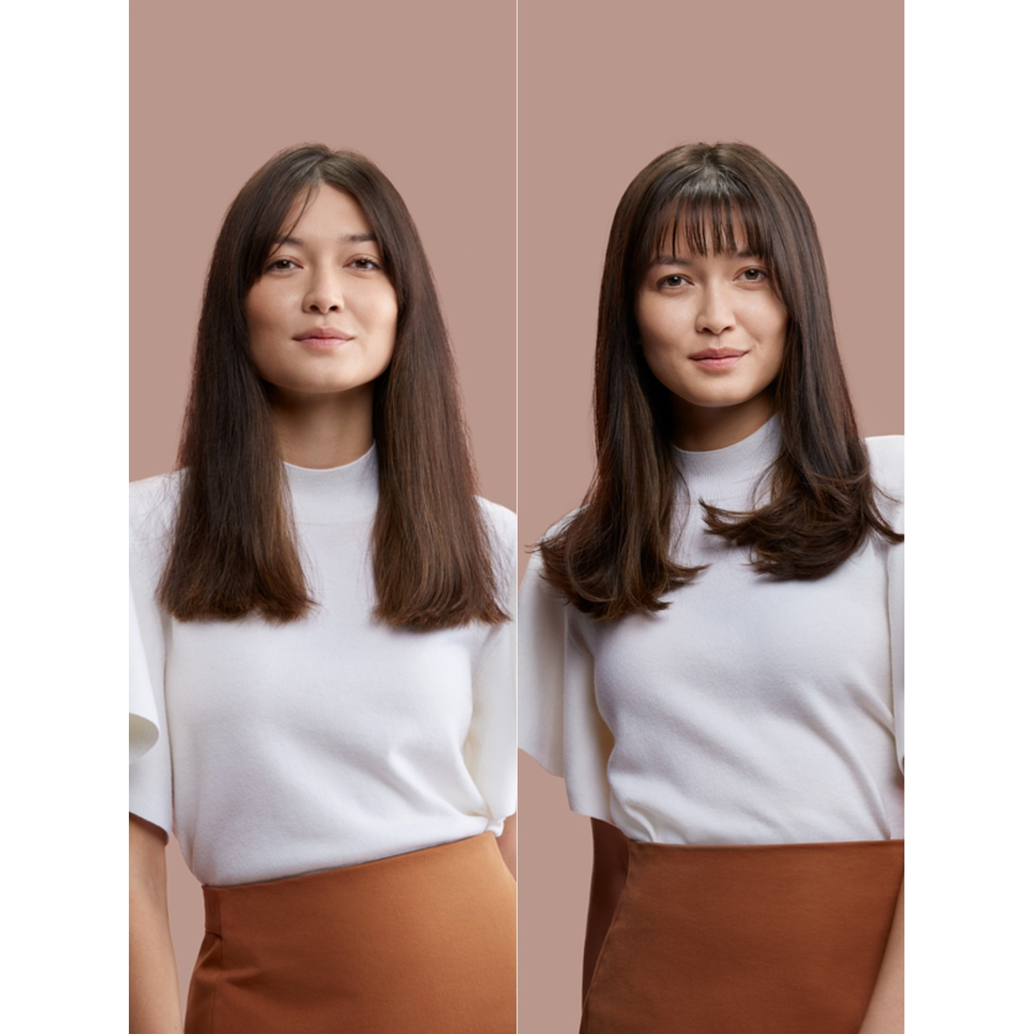 Donna con capelli lunghi castani e frangia, indossa un top bianco e gonna marrone.