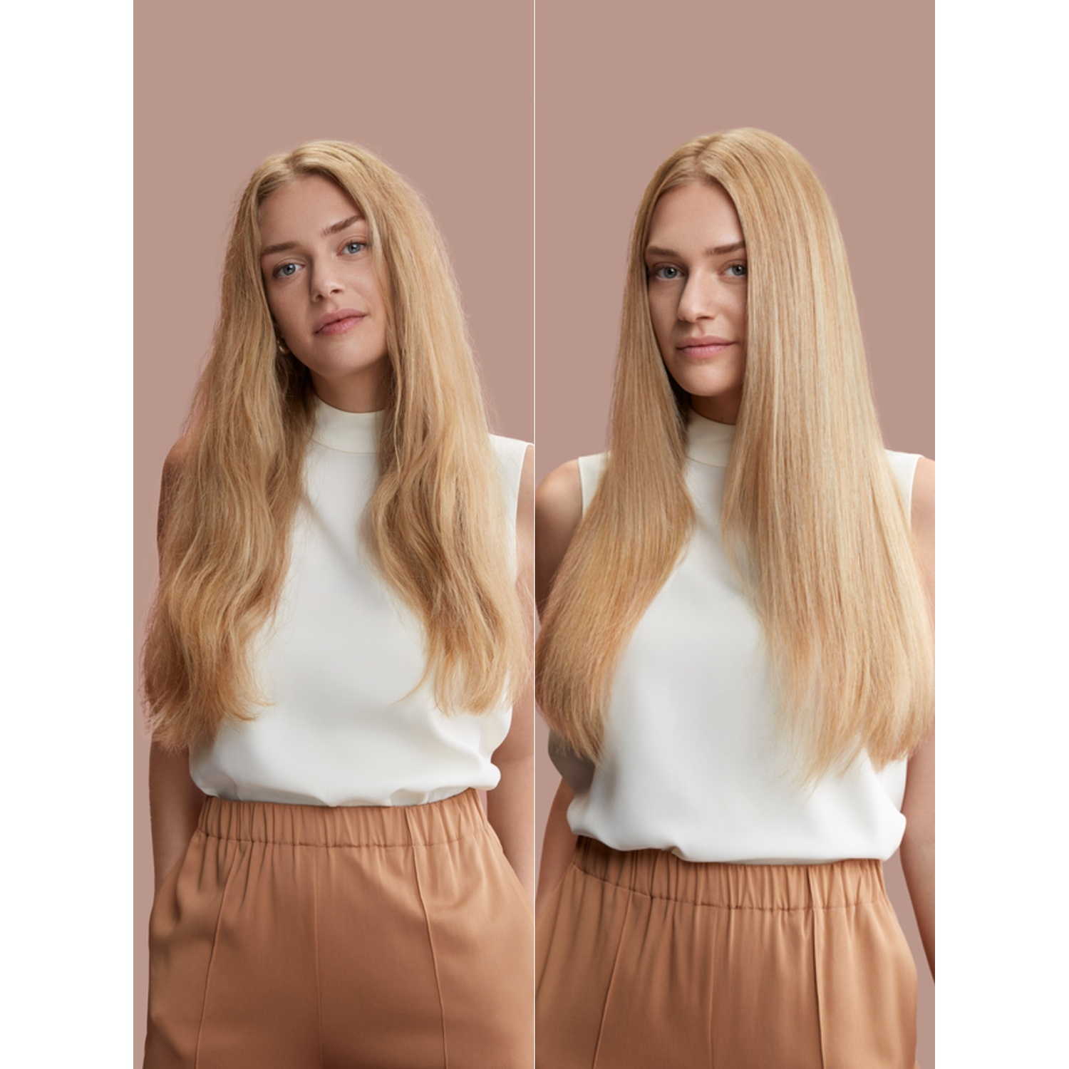 Prima/dopo: Donna con capelli crespi a sinistra, lisci a destra.