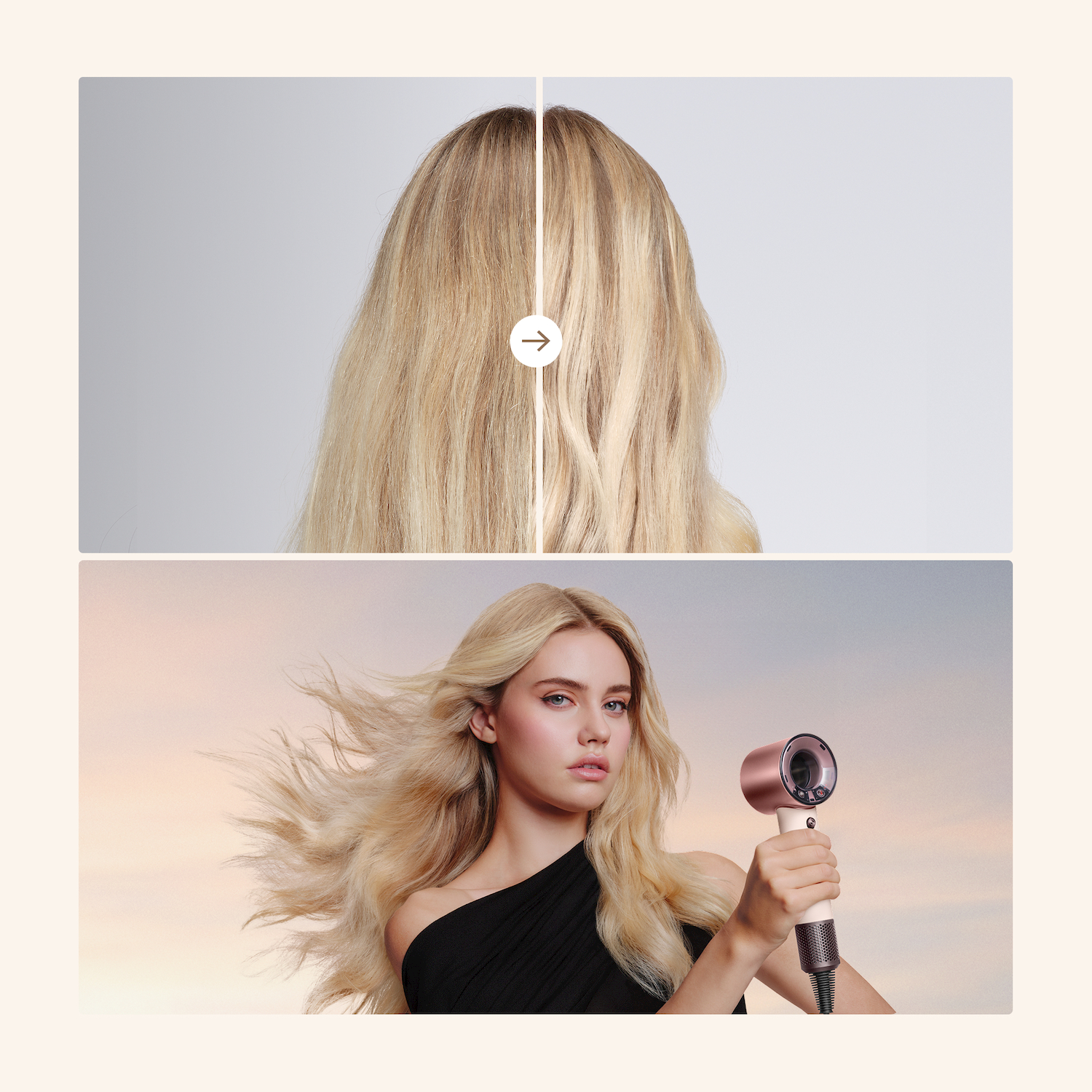 Immagine divisa: Sinistra mostra capelli biondi crespi, destra capelli biondi lisci. Sotto, una donna tiene un asciugacapelli oro rosa.