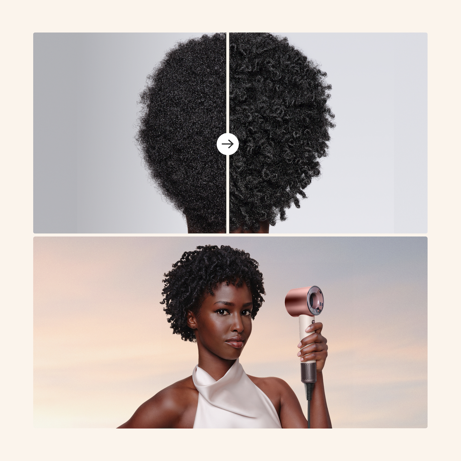 Confronto prima/dopo capelli ricci, una donna tiene un asciugacapelli.
