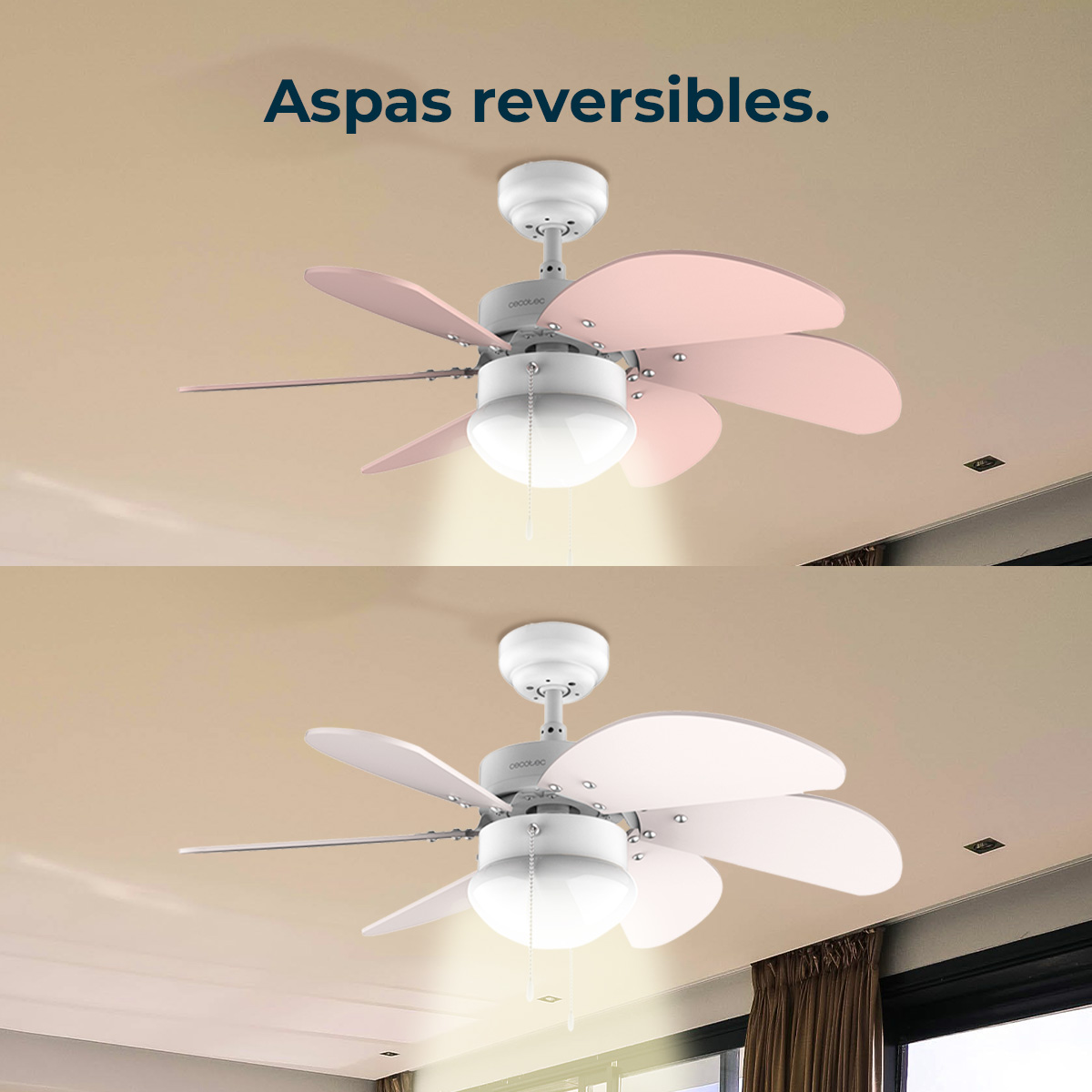 Dos ventiladores de techo, uno con aspas rosas y otro blancas, luz encendida.