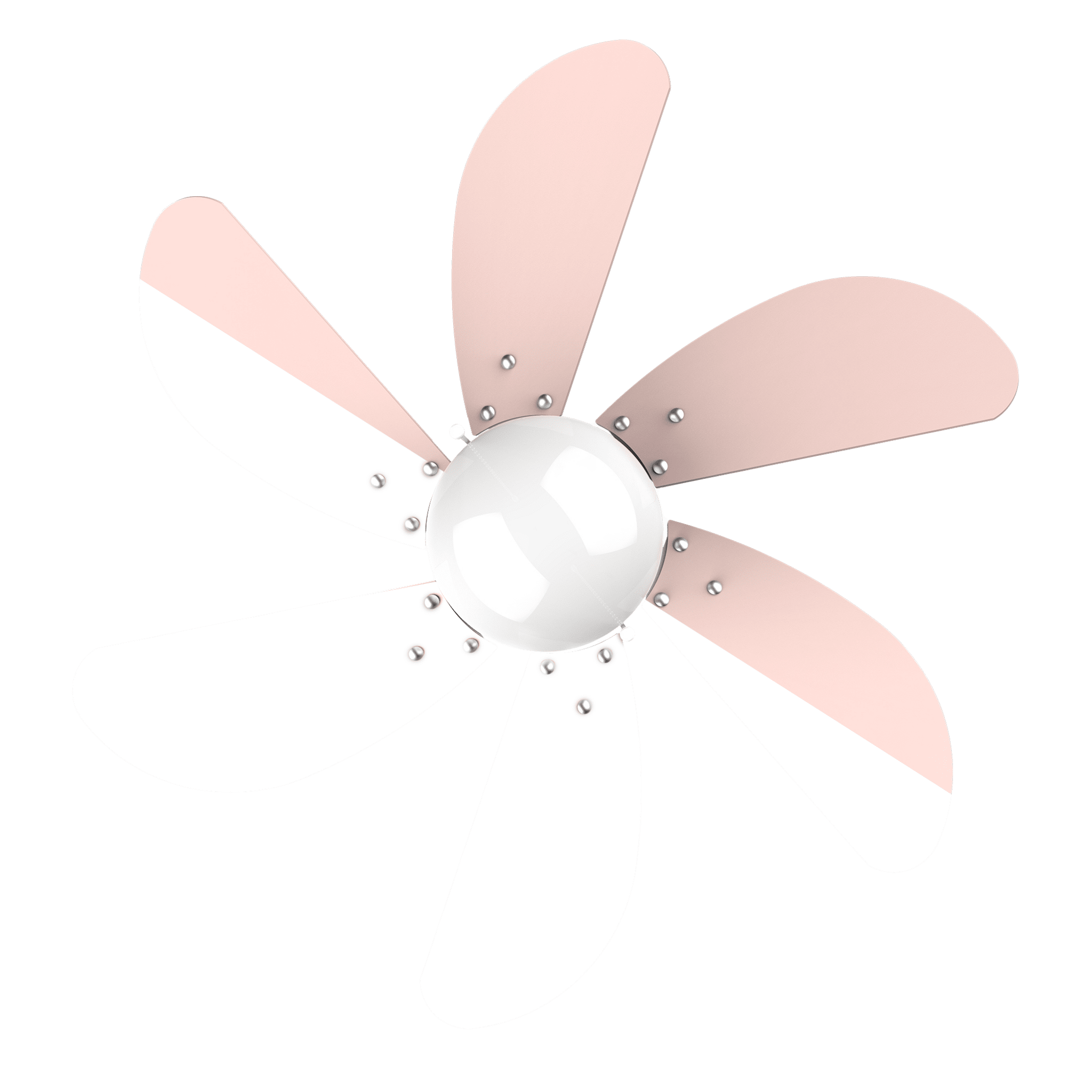 Un ventilador de techo de seis aspas en blanco y rosa, montado sobre un centro esférico blanco.