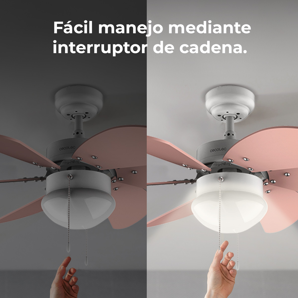 Ventilador de techo con aspas rosas y luz, accionado por cadena.
