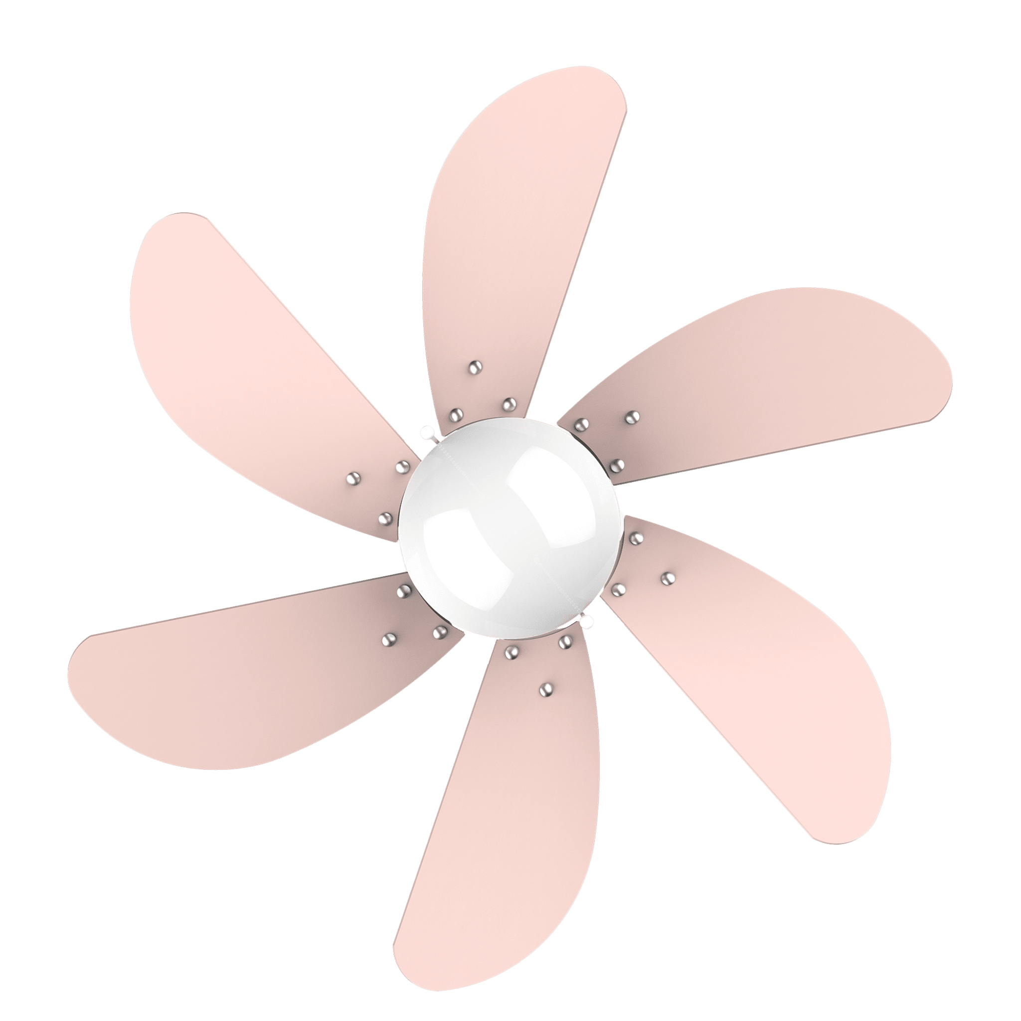 Un ventilador rosa claro con seis aspas y un centro blanco.