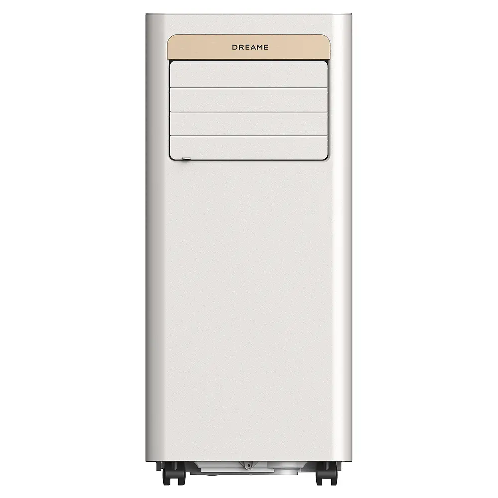 Un purificador de aire acondicionado blanco y vertical con rejillas arriba.