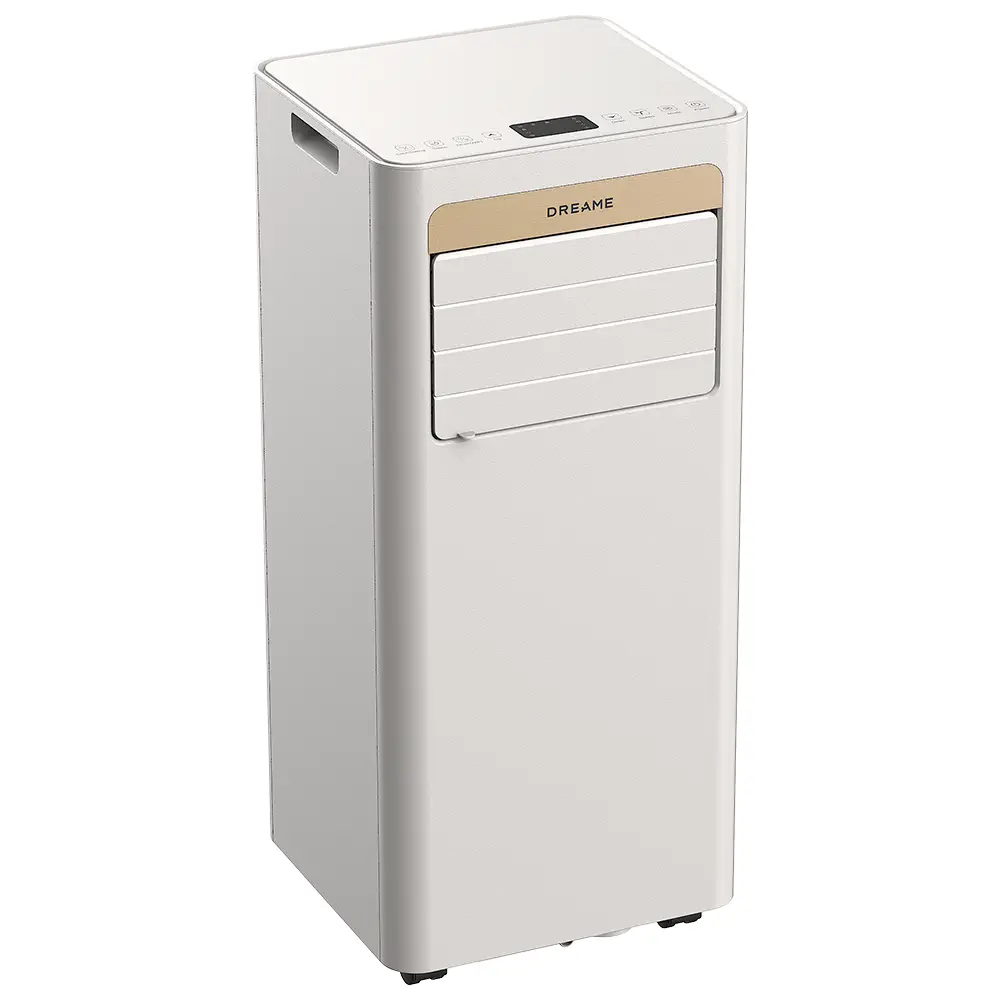 Un enfriador de aire blanco y vertical con pantalla digital y rejillas de ventilación.