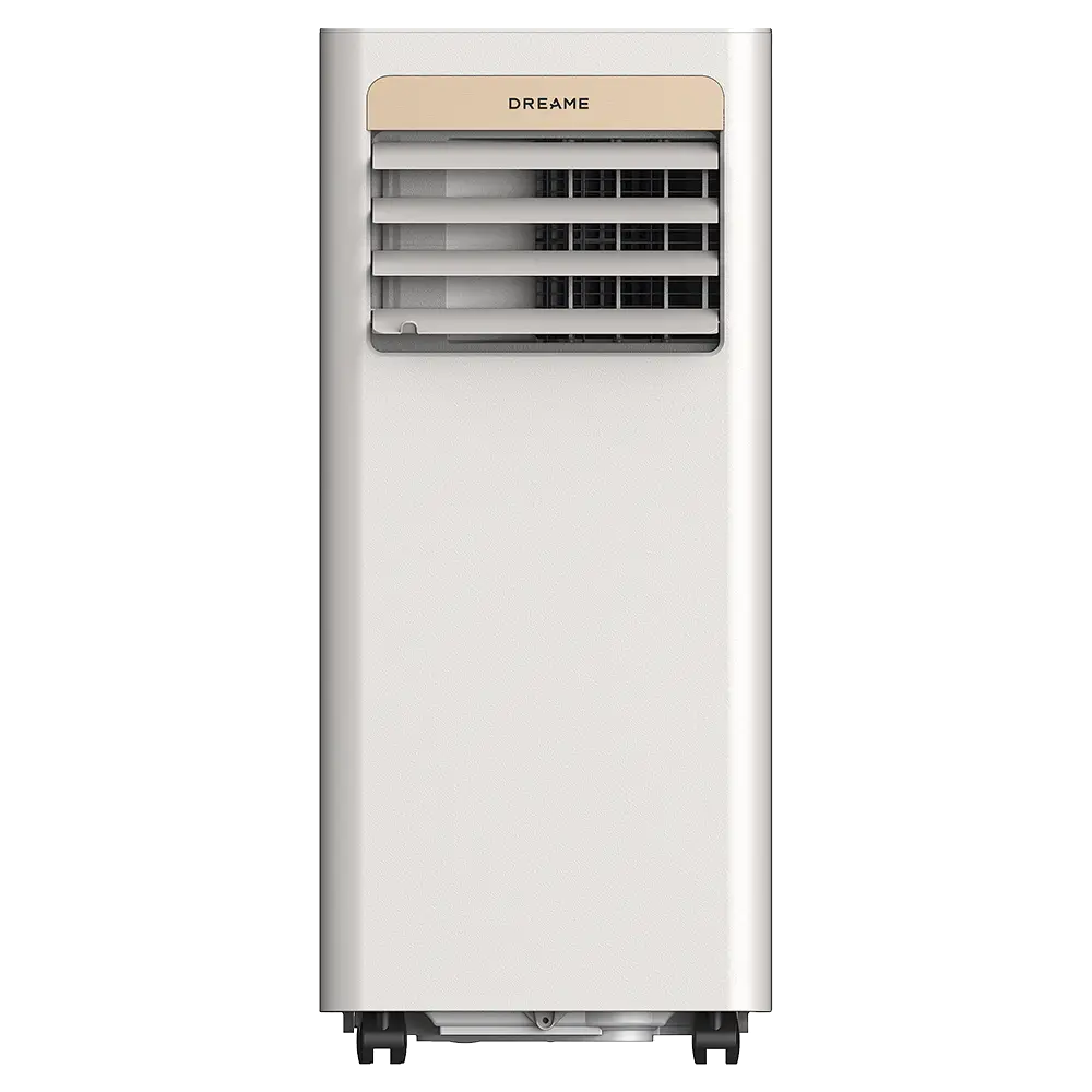 Un ventilador de torre blanco con una franja dorada arriba y rejillas.