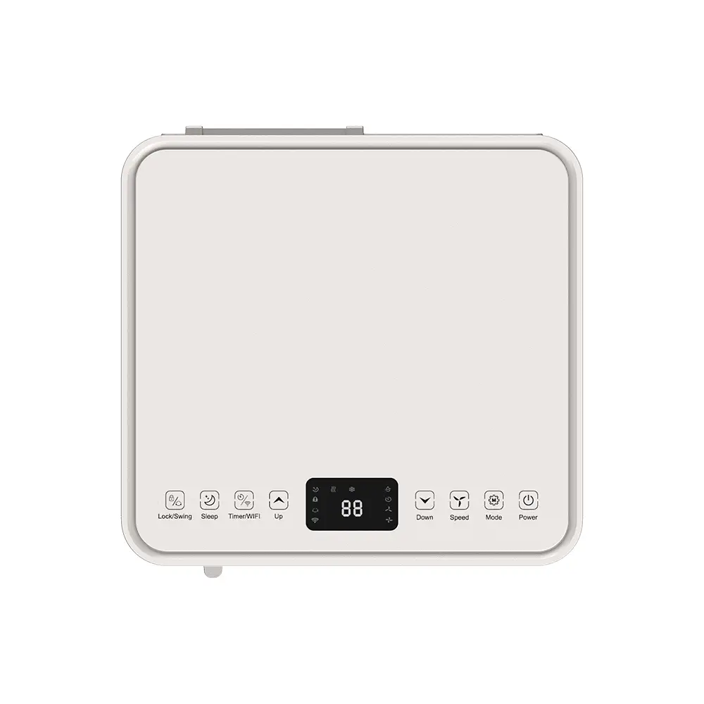 Un dispositivo blanco con pantalla digital y botones de control para varias funciones.