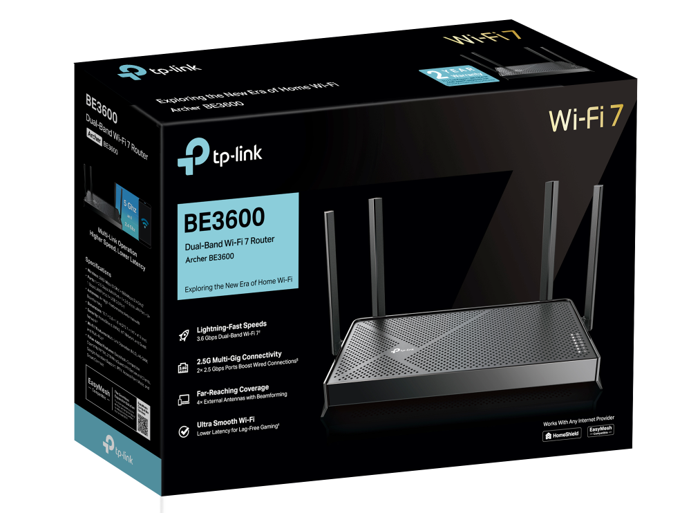 Router TP-Link BE3600 Wi-Fi 7 z czterema antenami, na czarnym tle.
