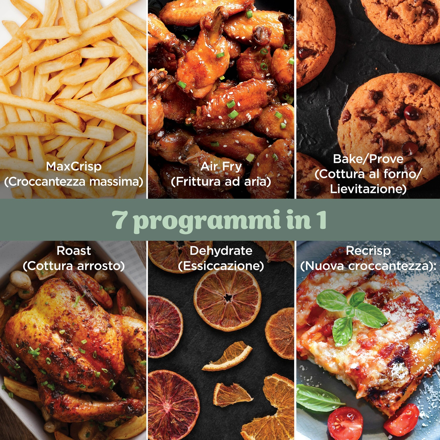 Un collage di 7 programmi alimentari: patatine, alette di pollo, biscotti, pollo arrosto, frutta secca.