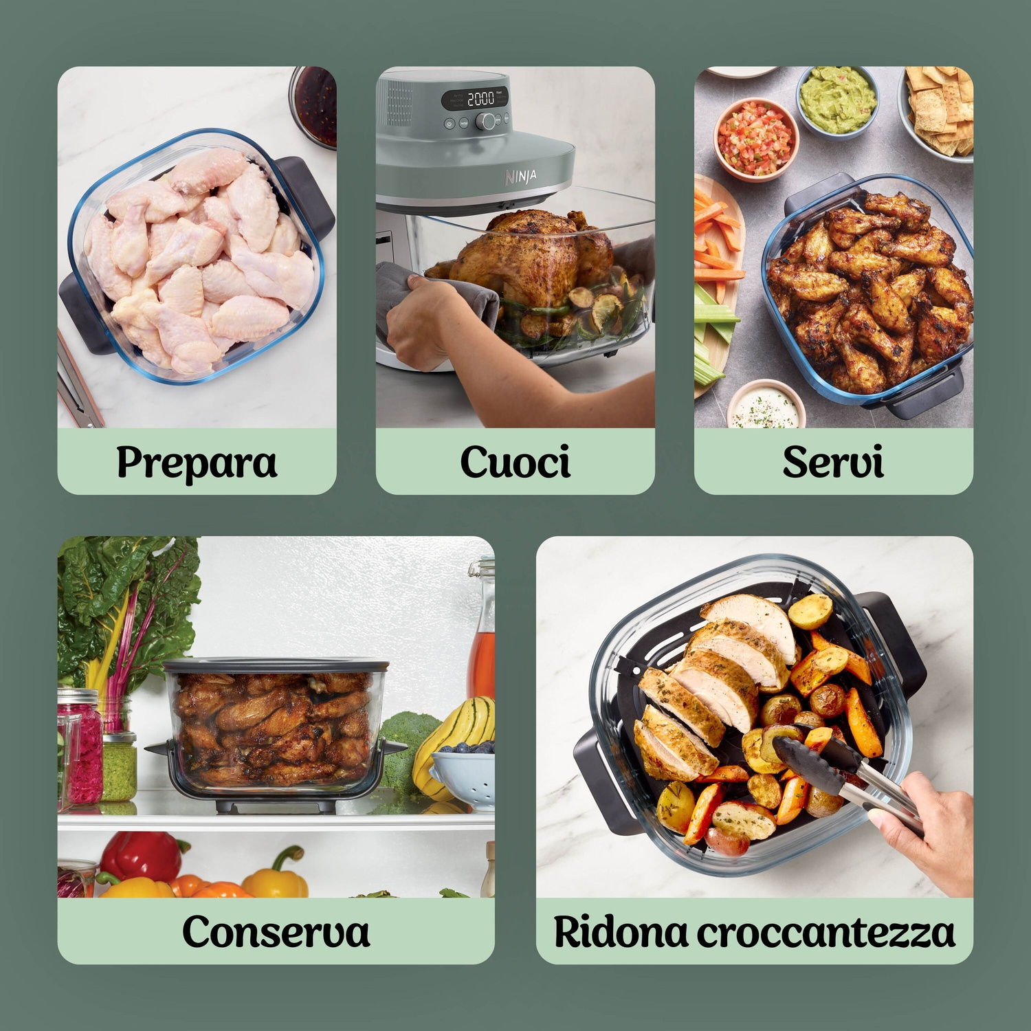 Pezzi di pollo crudo, pollo arrosto, ali di pollo arrosto, pollo cotto con patate.