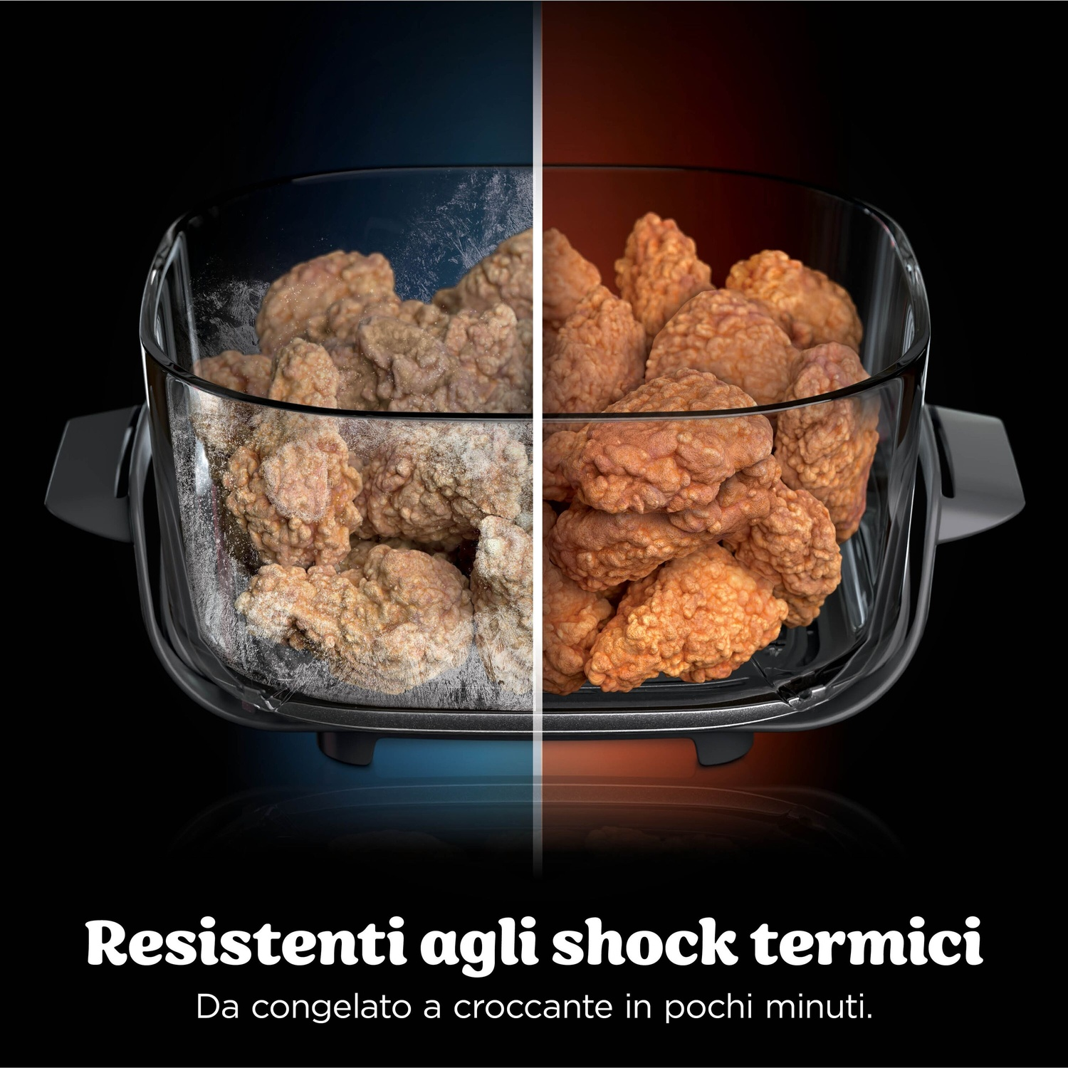 Un contenitore in vetro con cibo congelato e croccante, che mostra il cambio di temperatura.