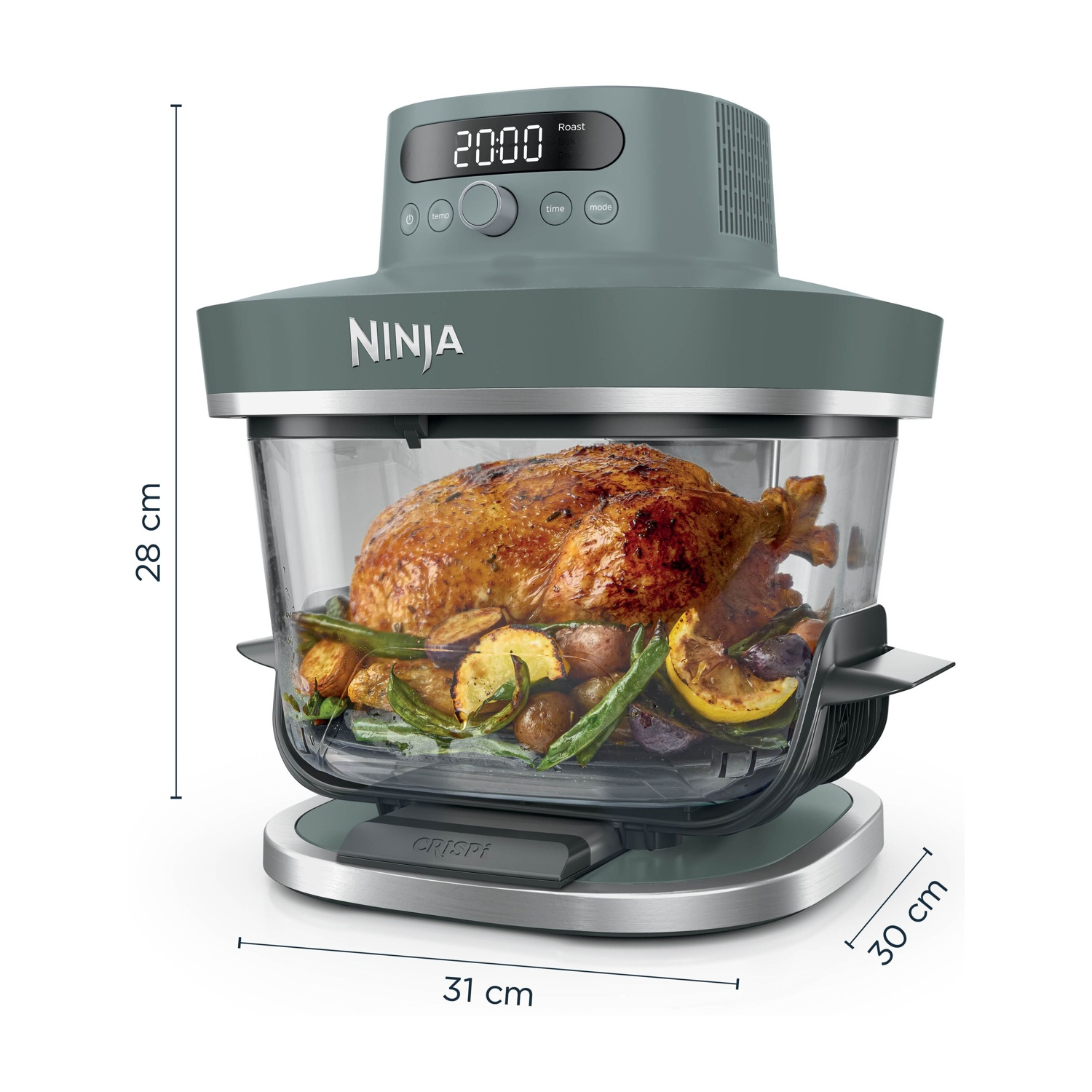 Friggitrice ad aria Ninja grigia con pollo arrosto e verdure.
