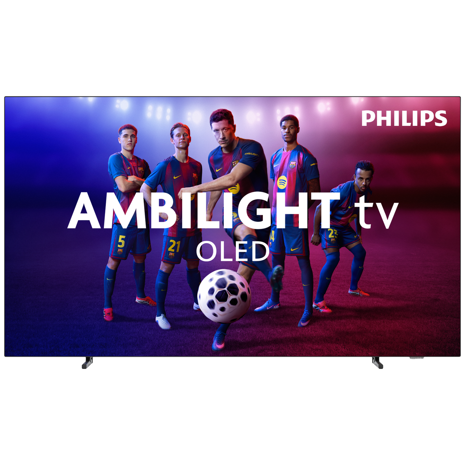 Five soccer players in Barcelona kits pose before a Philips Ambilight TV.