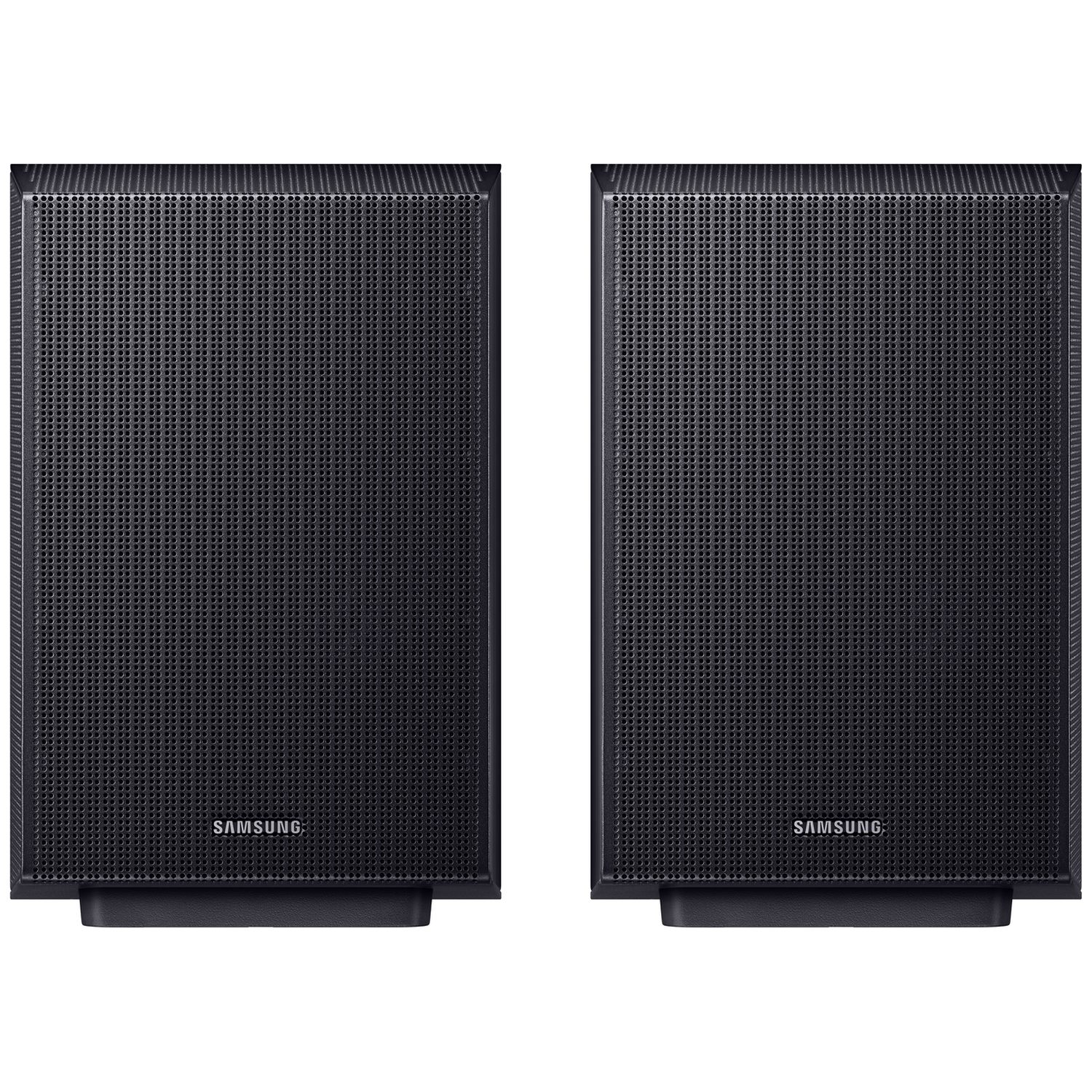 Two black Samsung speakers side-by-side on a white background.