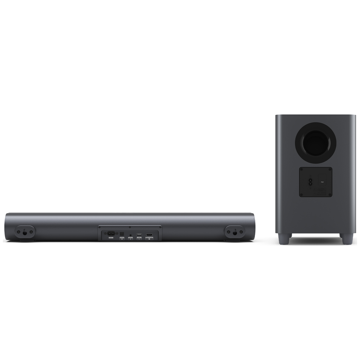 A dark gray soundbar and subwoofer are displayed on a white background.