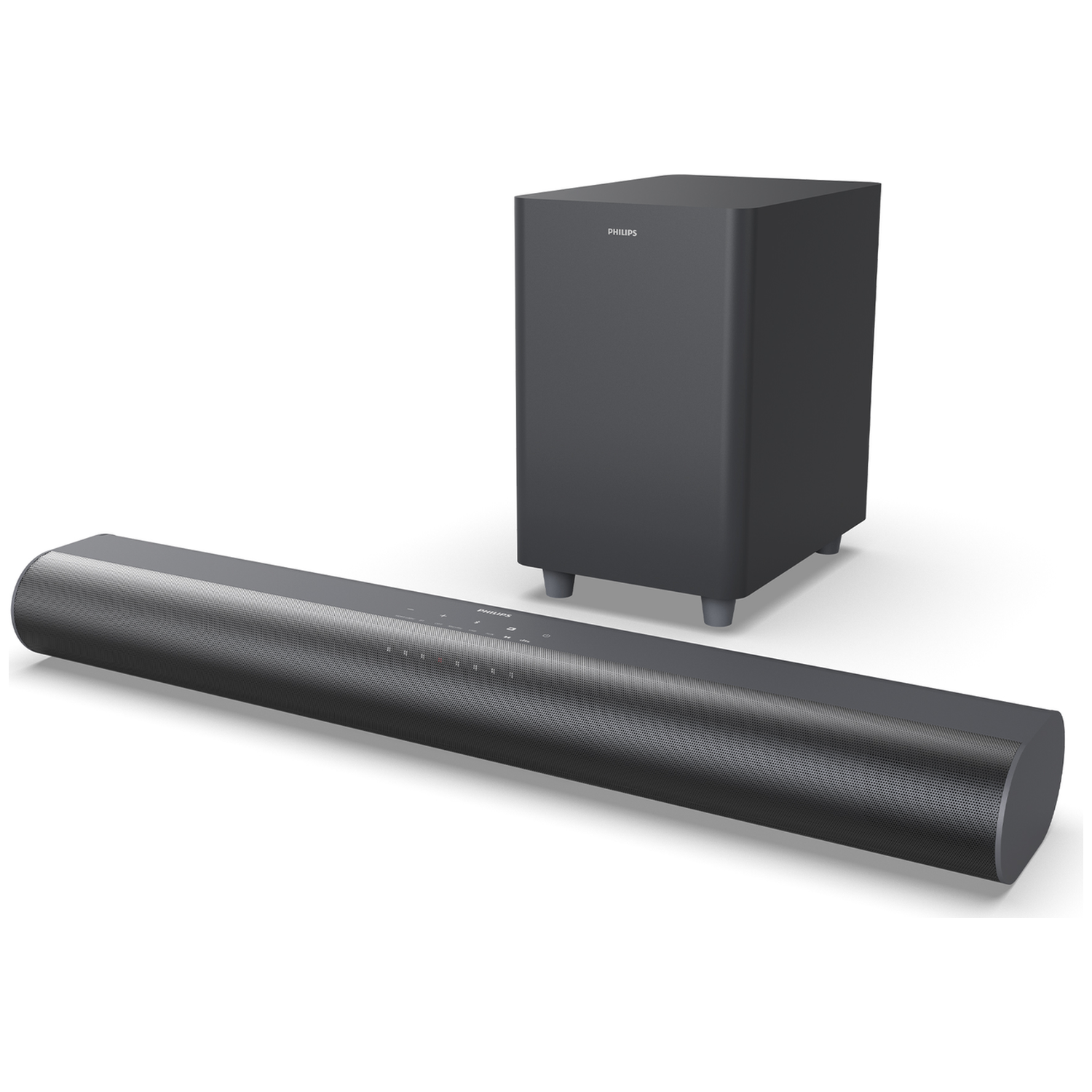 A dark gray soundbar and subwoofer by Philips on a white background.