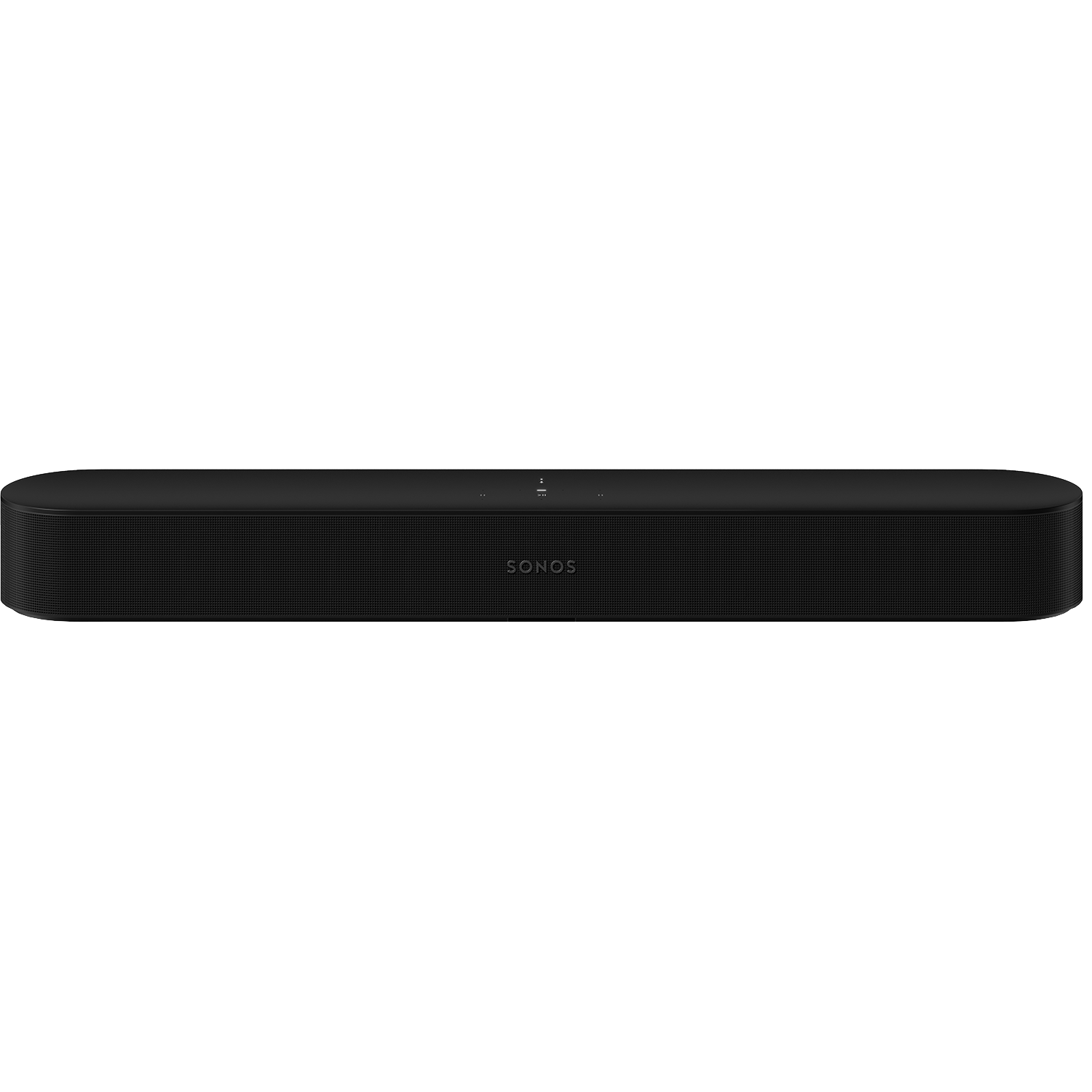 Een zwarte Sonos soundbar met bedieningsknoppen aan de bovenkant.