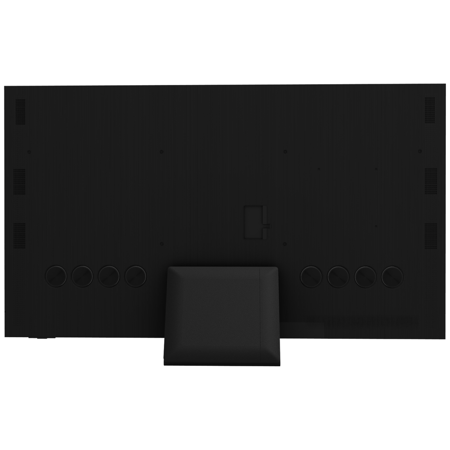 Back of a black television with integrated stand and round buttons.