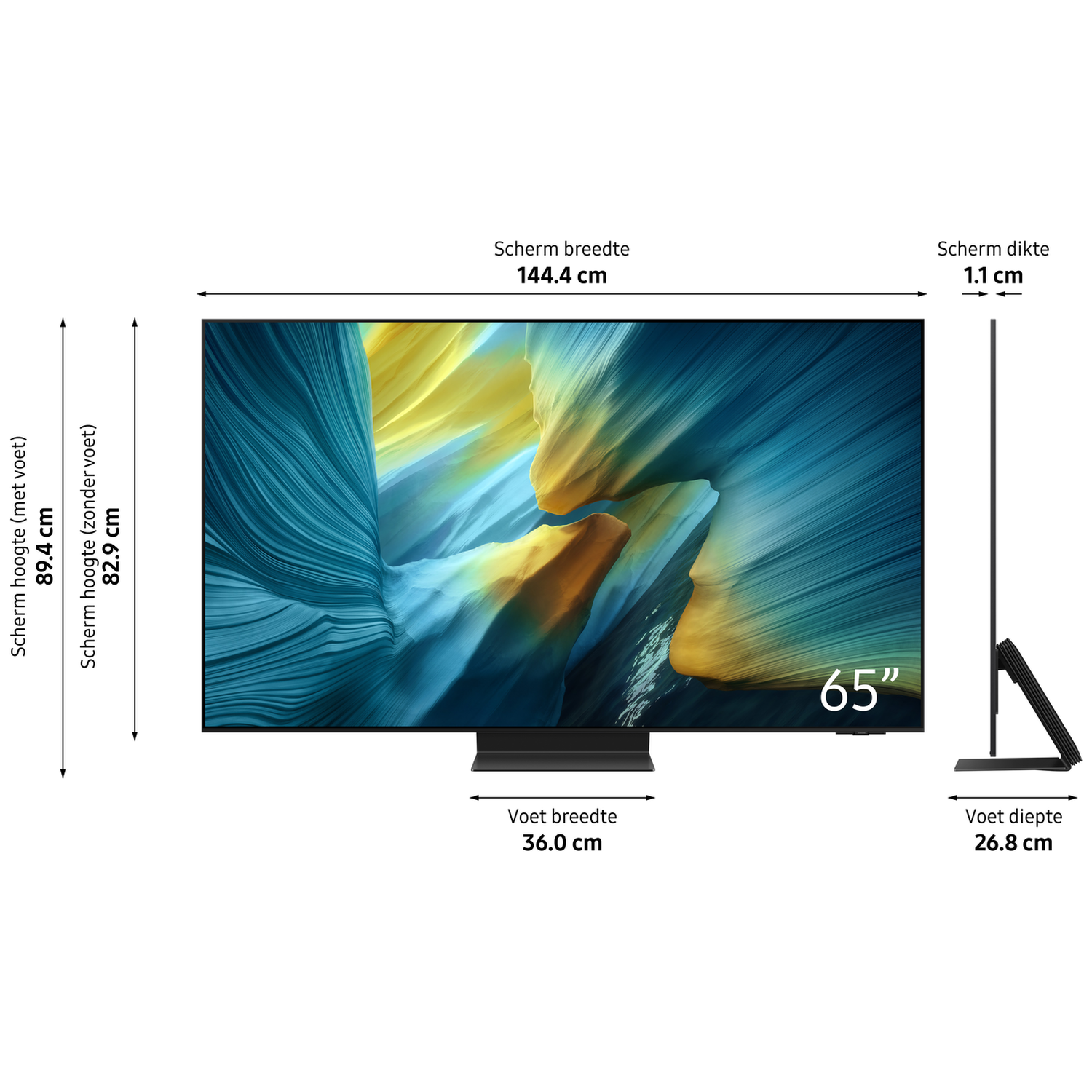 A 65-inch TV, 144.4 cm wide, 89.4 cm high, and 1.1 cm thick.