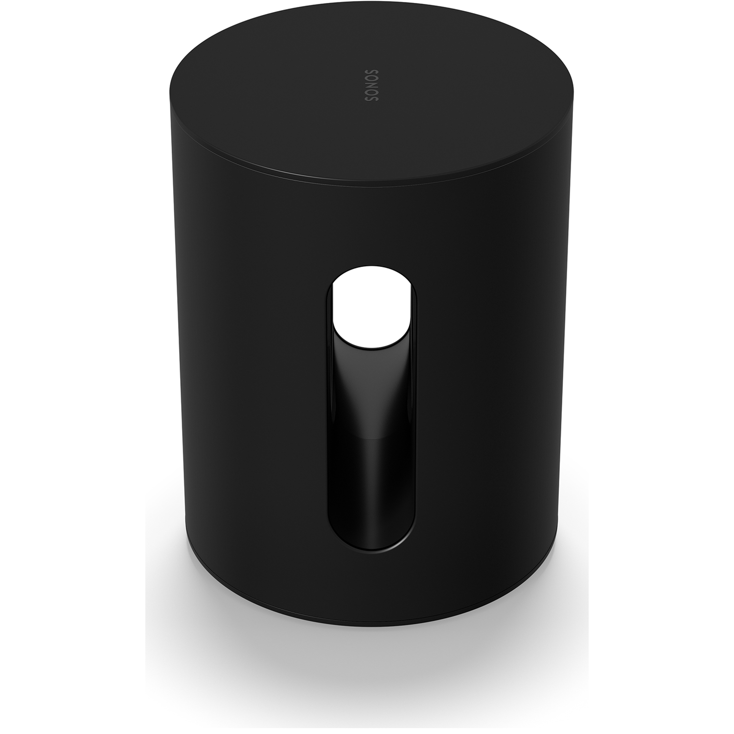 Zwarte cilindrische subwoofer met verticale sleuf en SONOS-logo.