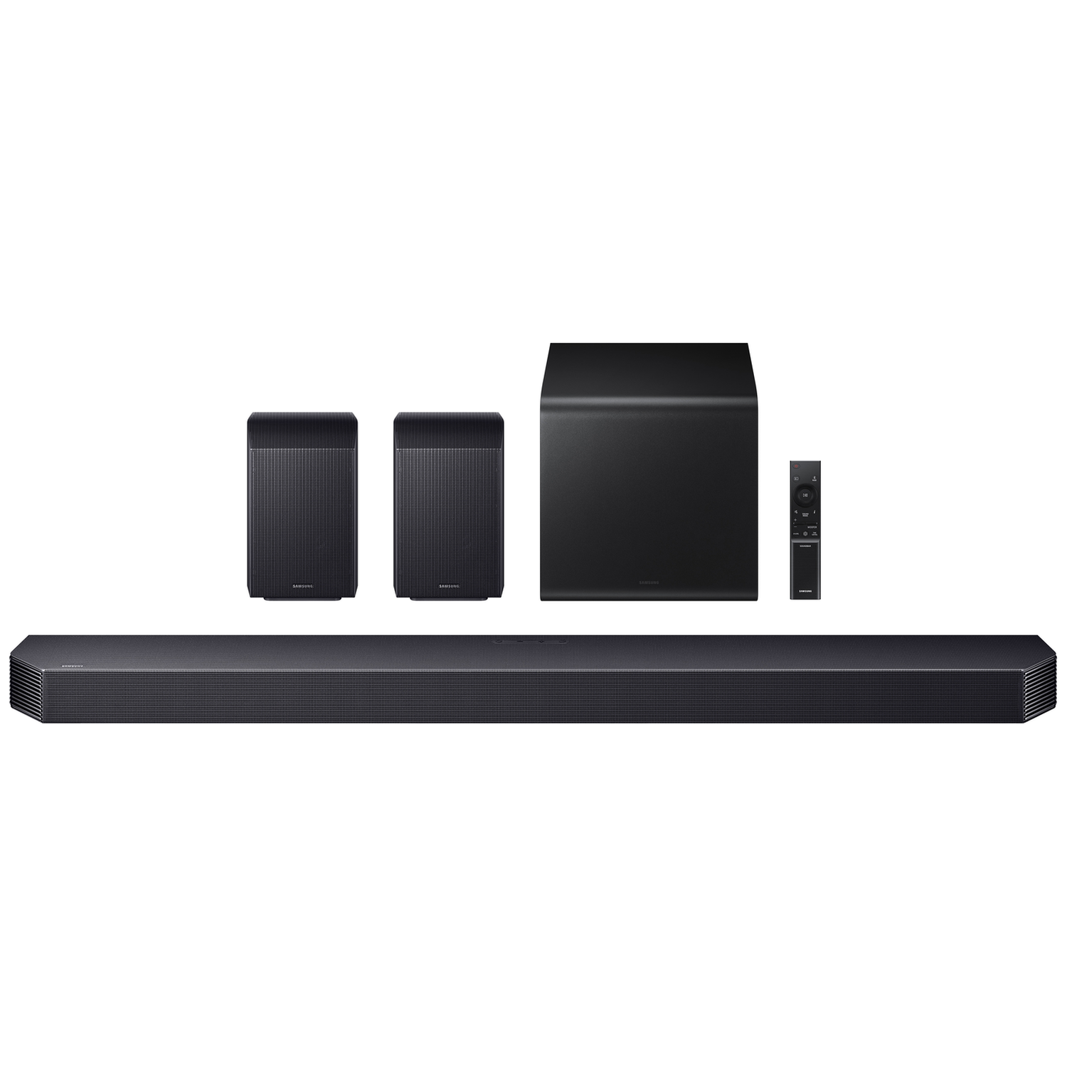 Black soundbar, two speakers, one subwoofer, and a remote control on a white background.