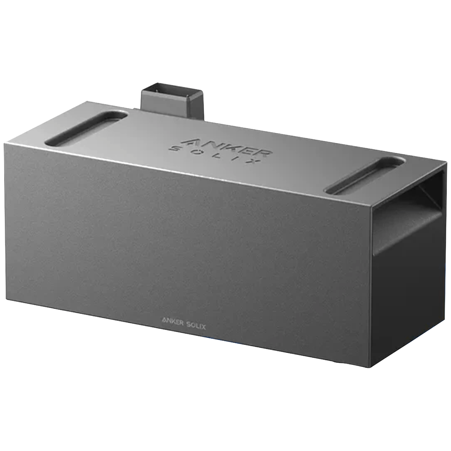 Grijze Anker Solix powerbank met zilveren accenten en zichtbaar merk.