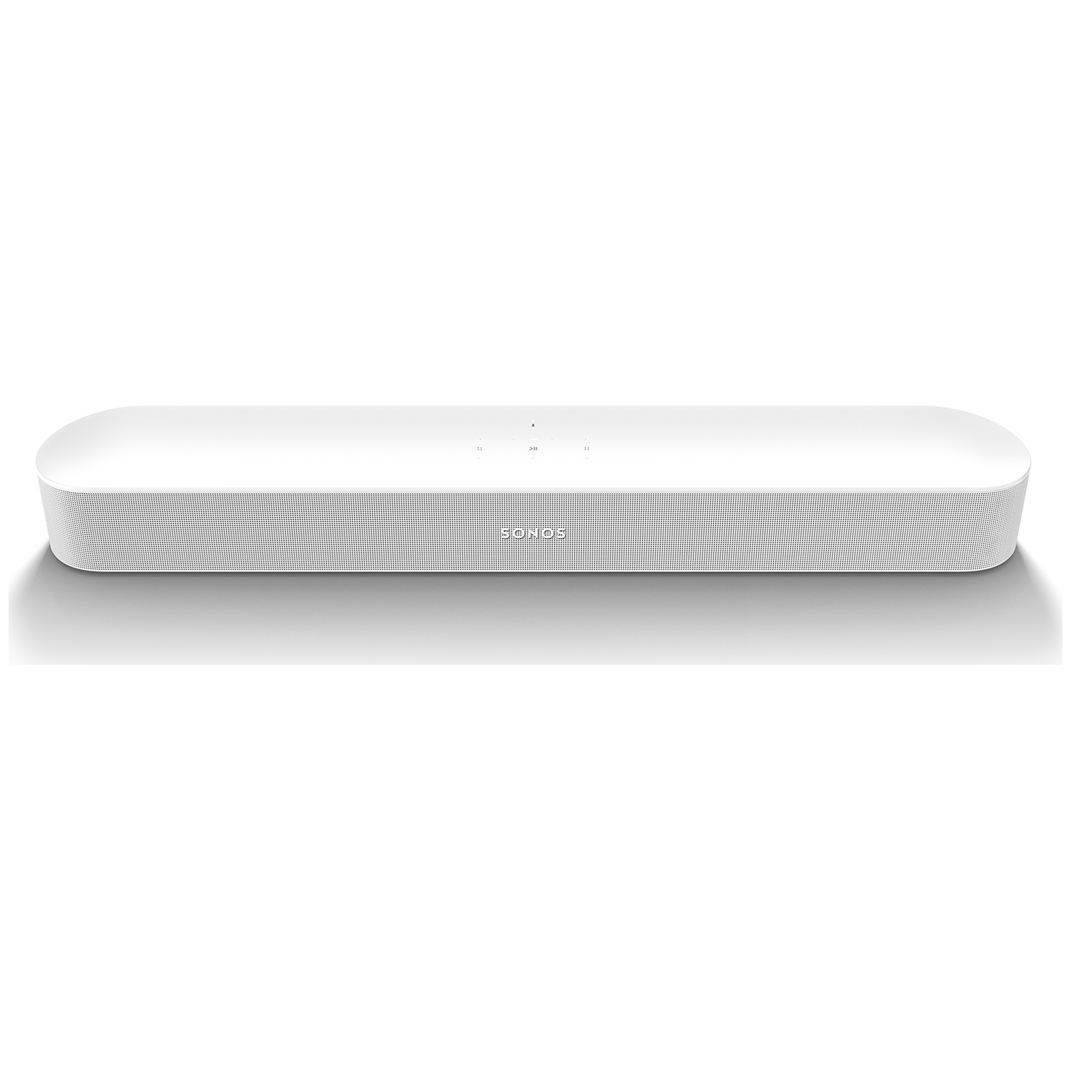 Een witte Sonos speaker met geperforeerde voorkant en bedieningselementen bovenop.