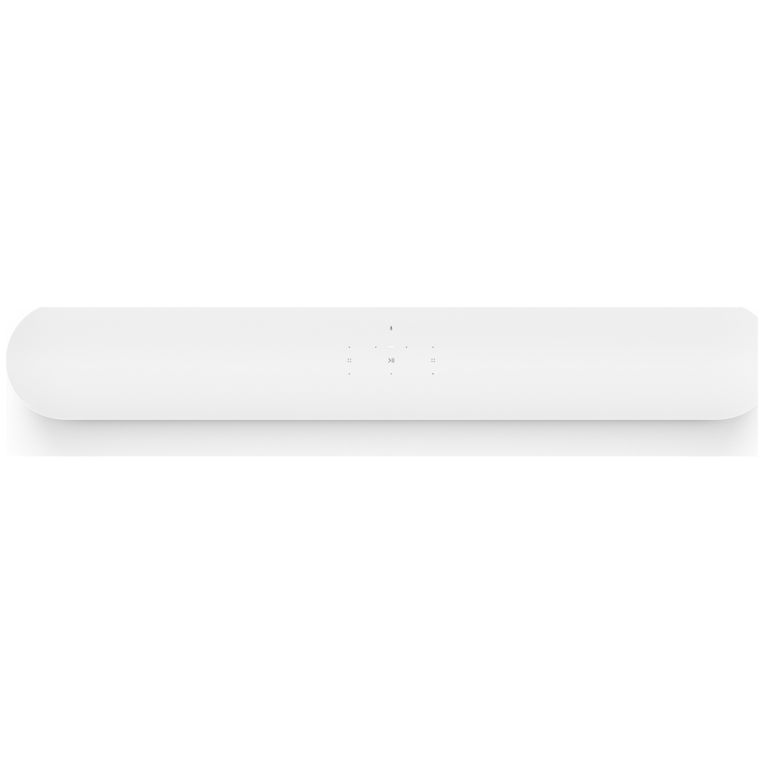Een witte soundbar met bedieningsknoppen in het midden.