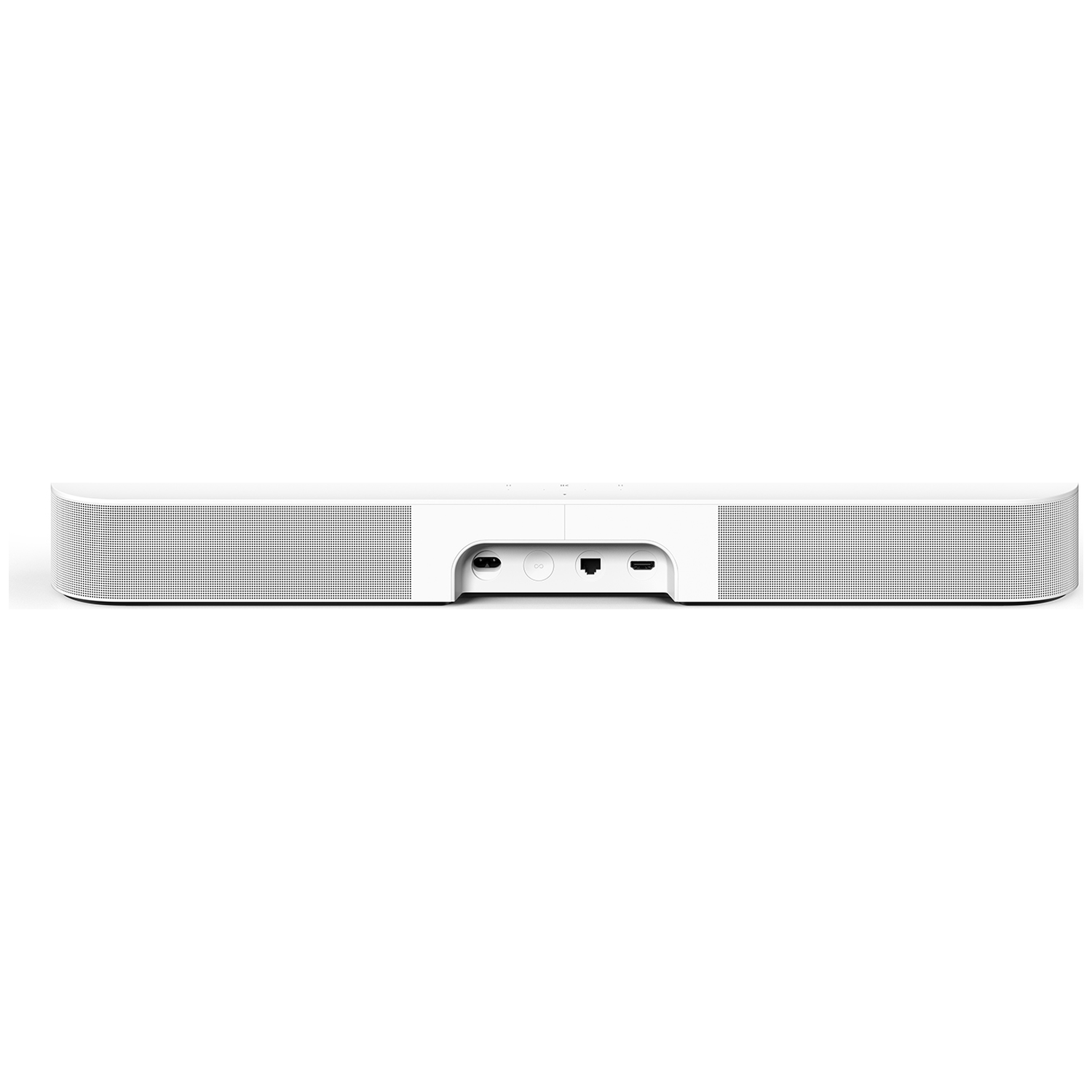 Een witte soundbar met roosters aan de zijkanten en poorten aan de achterkant.