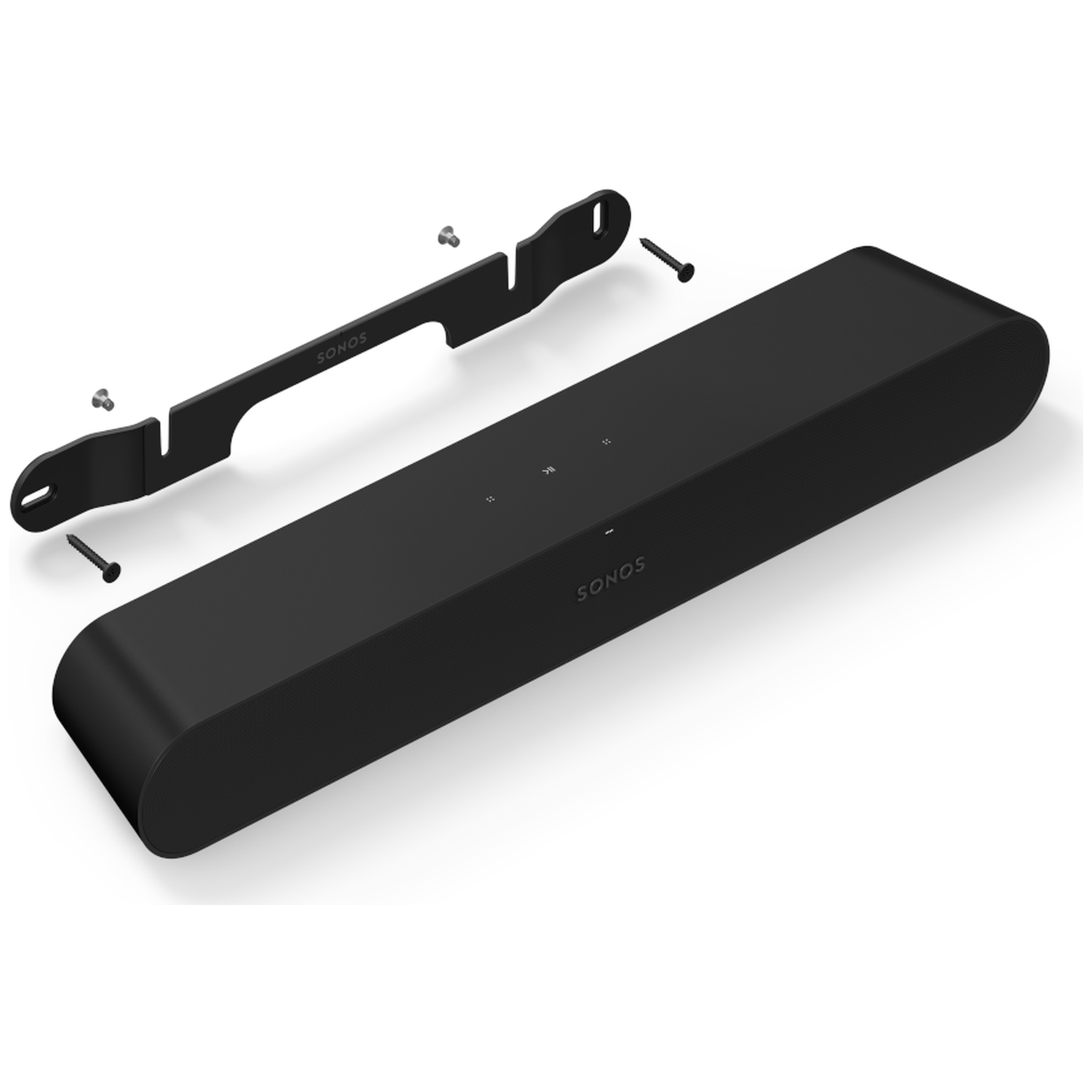 Zwarte Sonos speaker met montagebeugel en schroeven op witte achtergrond.