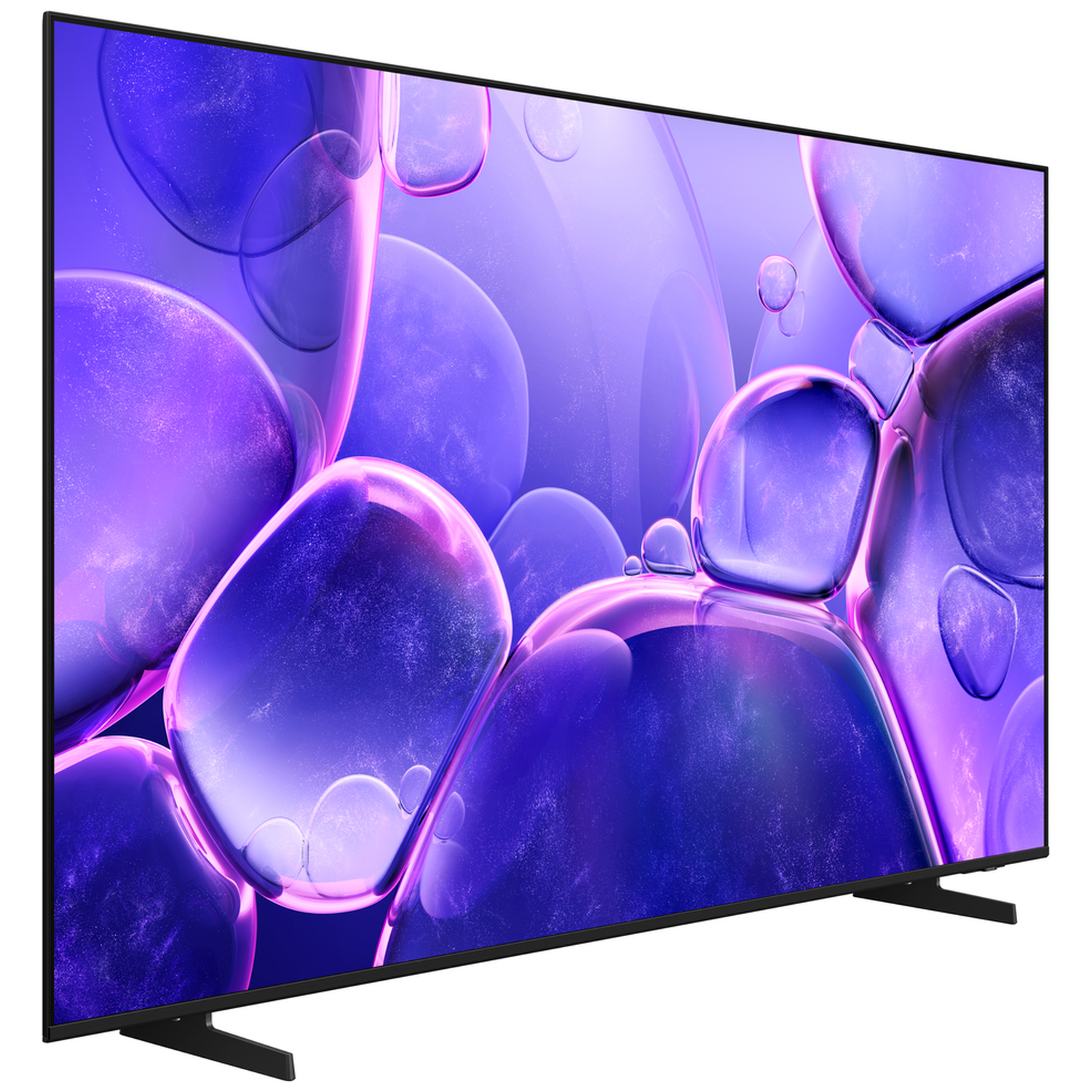 Een strakke televisie met een screensaver met paarse bubbels.