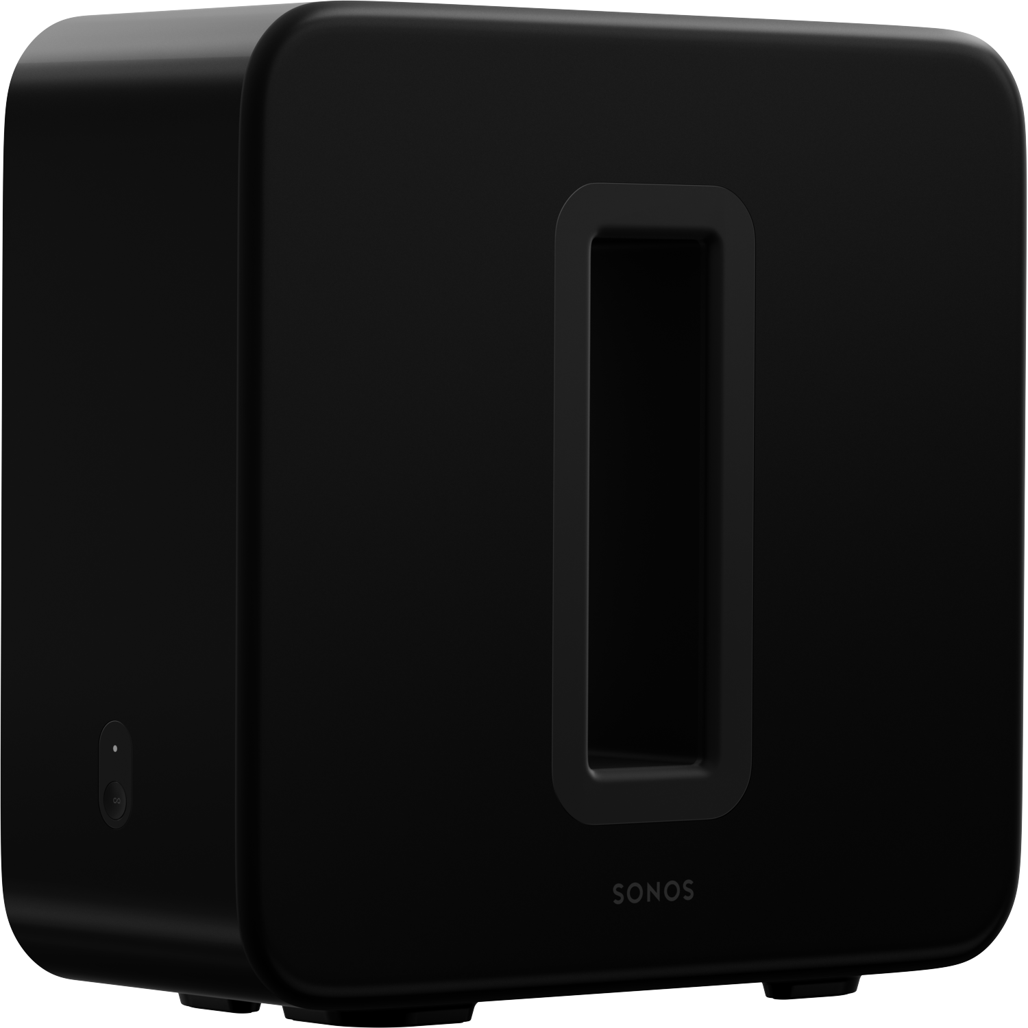 Een strakke, zwarte Sonos Sub speaker met een centrale rechthoekige uitsparing, vanuit een lichte hoek gezien. Het Sonos-logo staat onderaan.