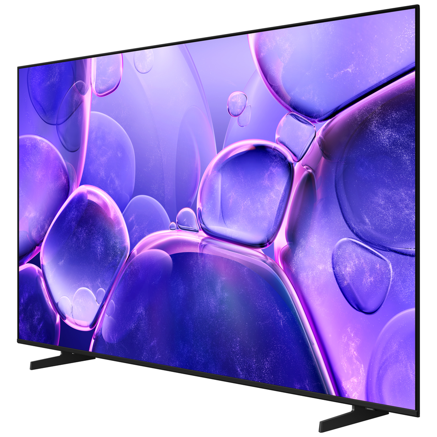 Een moderne zwarte televisie met een paars, bubbelachtig beeldscherm.