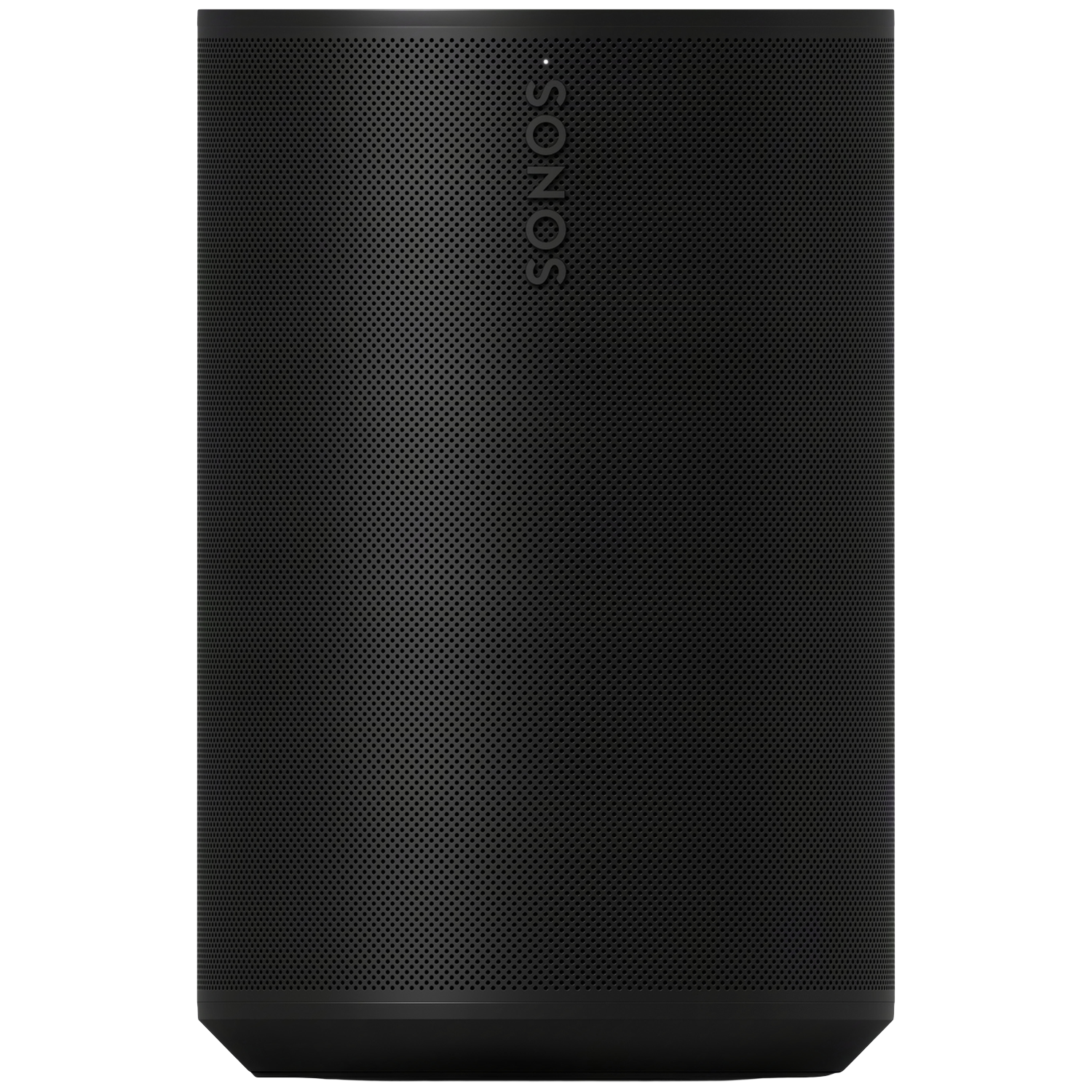 Zwarte, cilindrische Sonos speaker met geperforeerd oppervlak en logo.