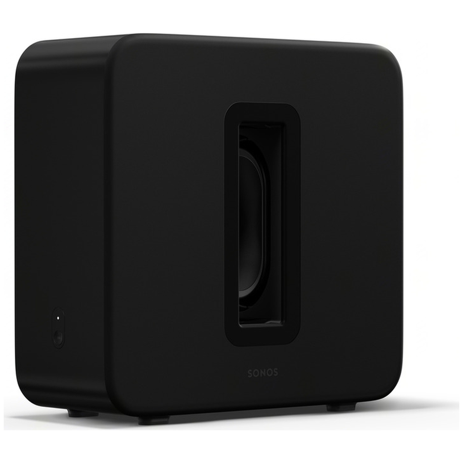 Zwarte Sonos subwoofer met rechthoekige uitsparing die de luidspreker onthult.