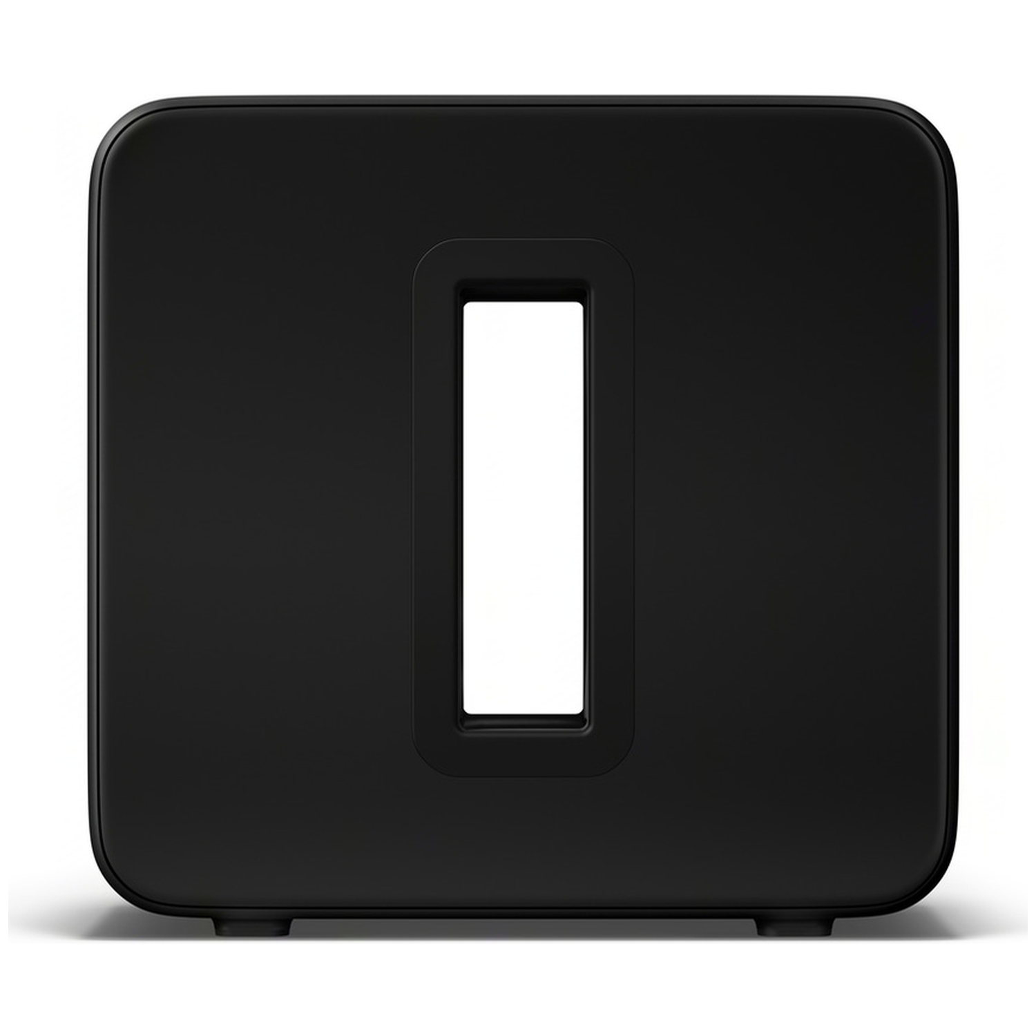 Een zwarte subwoofer met een verticale uitsparing in het midden.