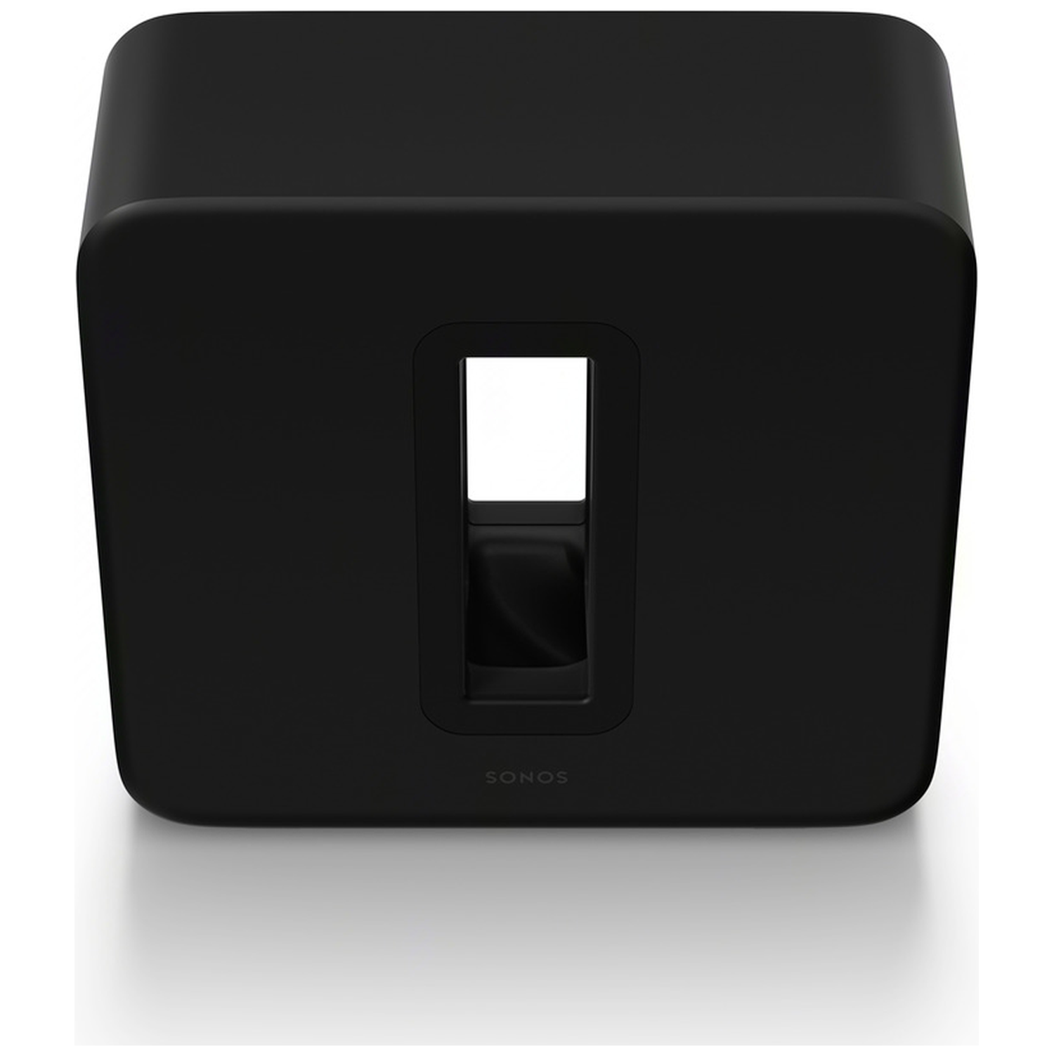 Een zwarte Sonos subwoofer met een rechthoekige uitsparing in het midden.