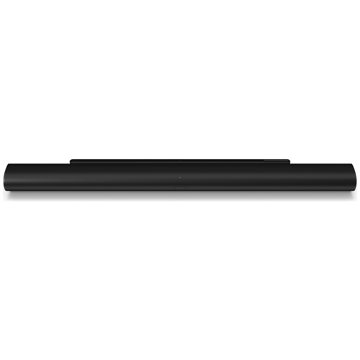 Een zwarte Sonos soundbar is gecentreerd op een witte achtergrond.