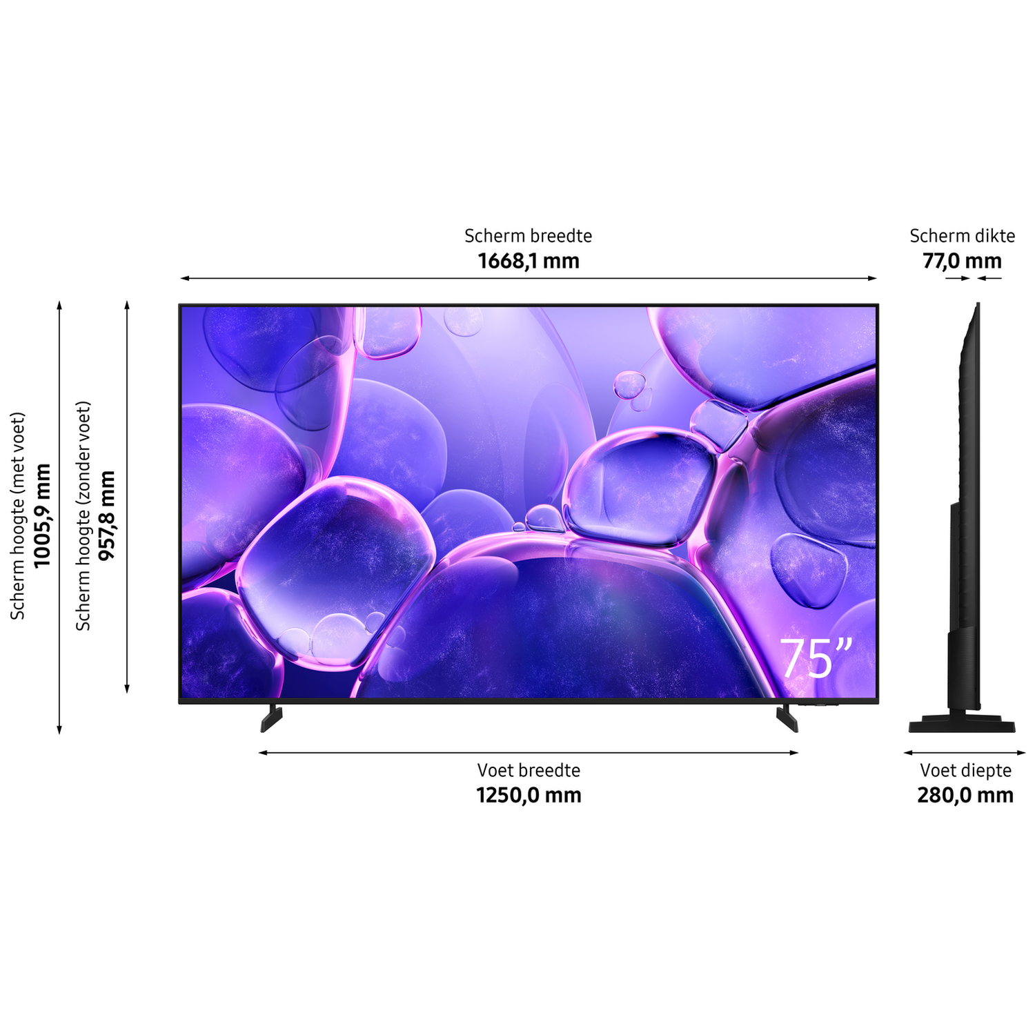 75-inch tv met afmetingen: breedte 1668,1mm, hoogte 1005,9mm, dikte 77mm.
