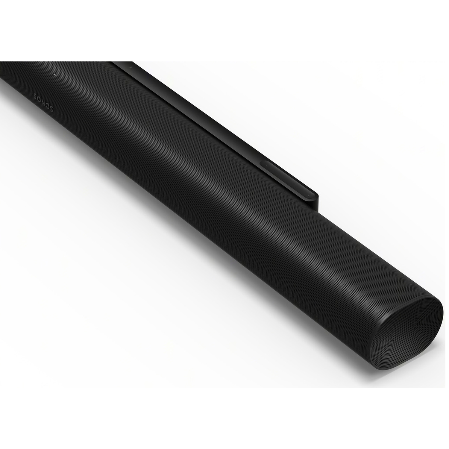 Zwarte Sonos speaker met geribd oppervlak, op witte achtergrond.