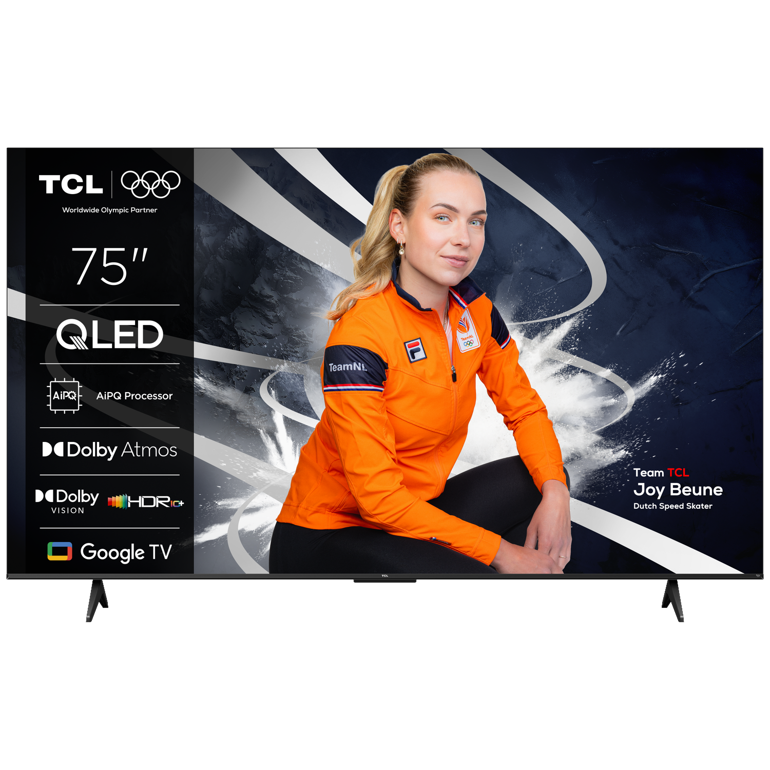 A 75-inch QLED TV featuring Joy Beune, Dutch Speed Skater.