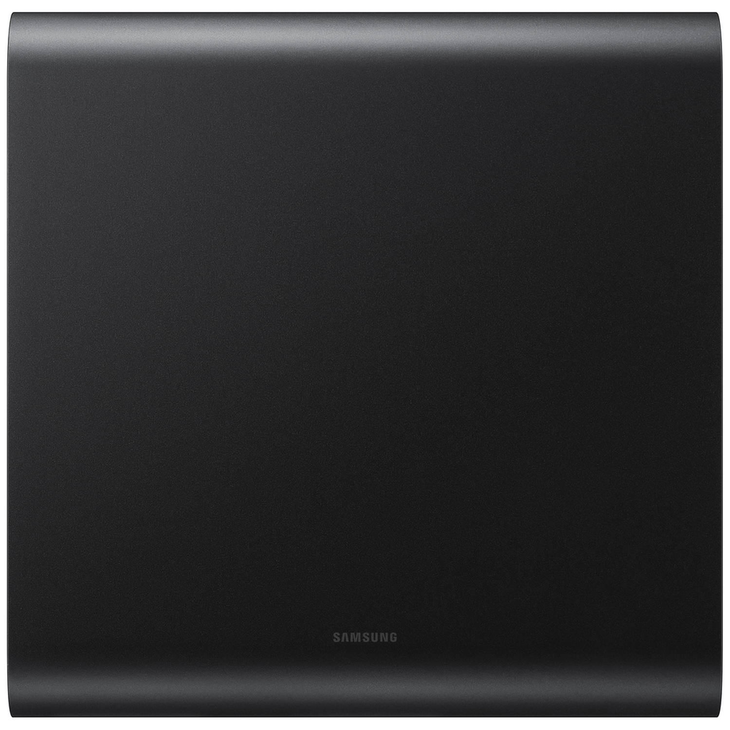 Zwarte Samsung subwoofer met gebogen bovenrand en matte afwerking.
