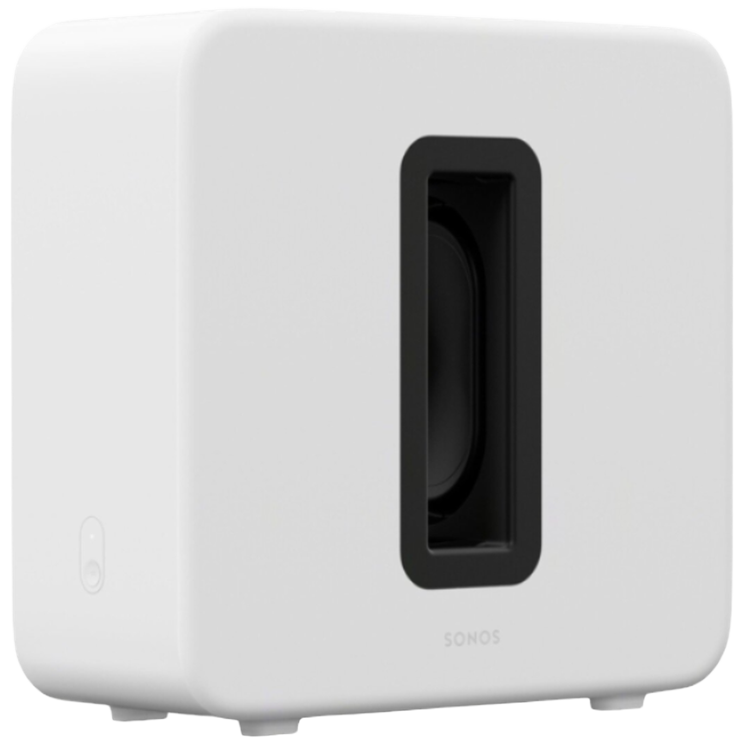 Een witte Sonos subwoofer met een zwarte sleuf en vier pootjes.