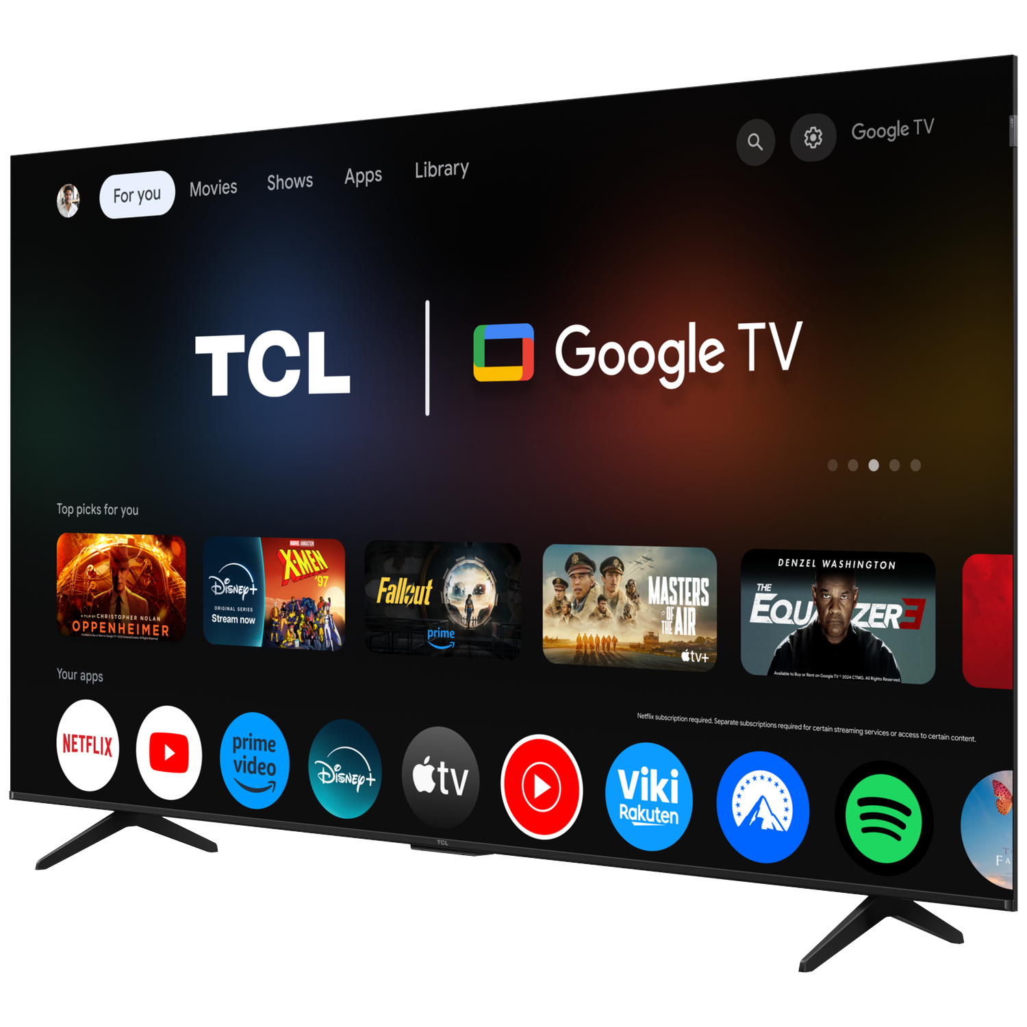 A TCL Google TV displaying apps like Netflix, Prime Video, Disney+, and Spotify.