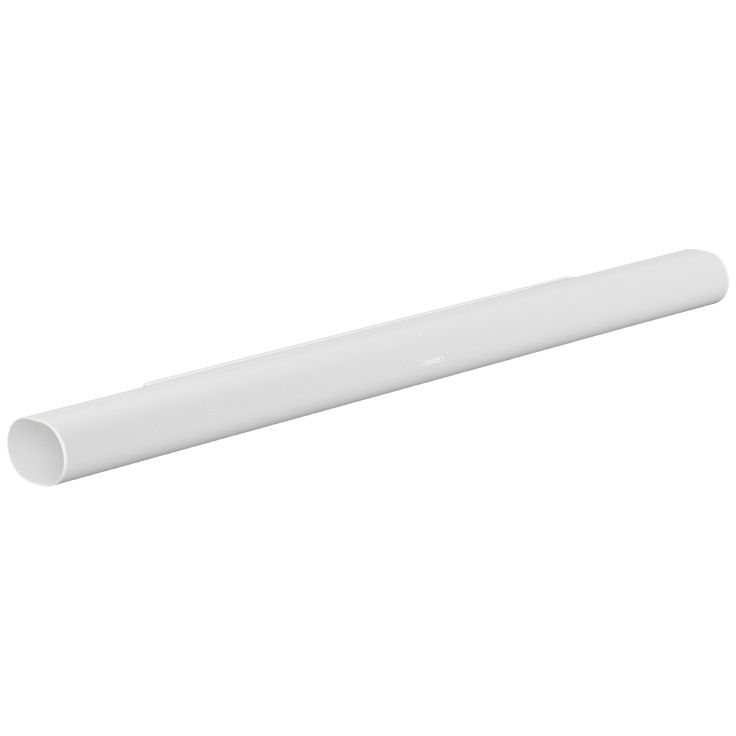 Een witte Sonos soundbar ligt diagonaal op een zwarte achtergrond.