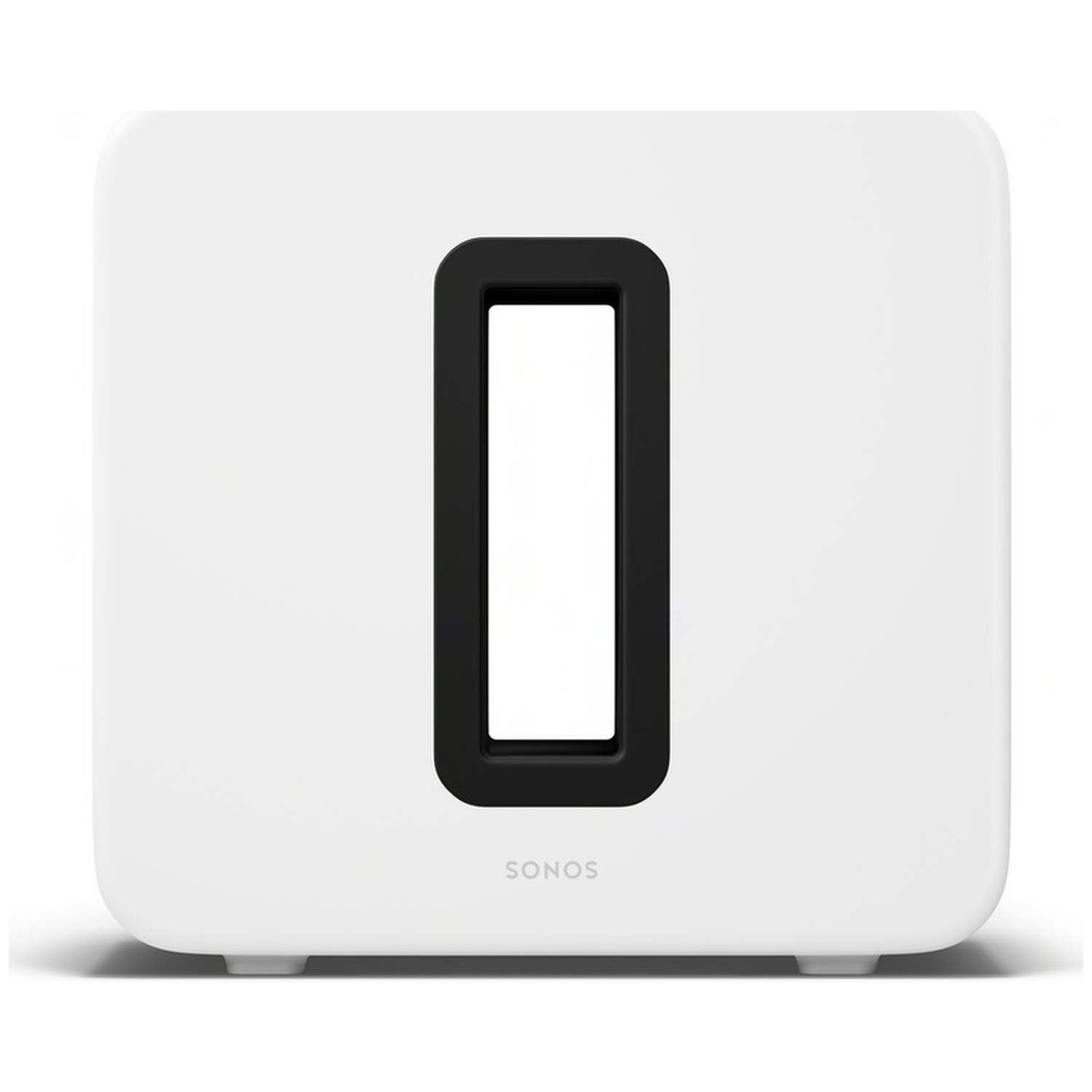 Witte Sonos speakerbox met een zwart rechthoekig gat in het midden.