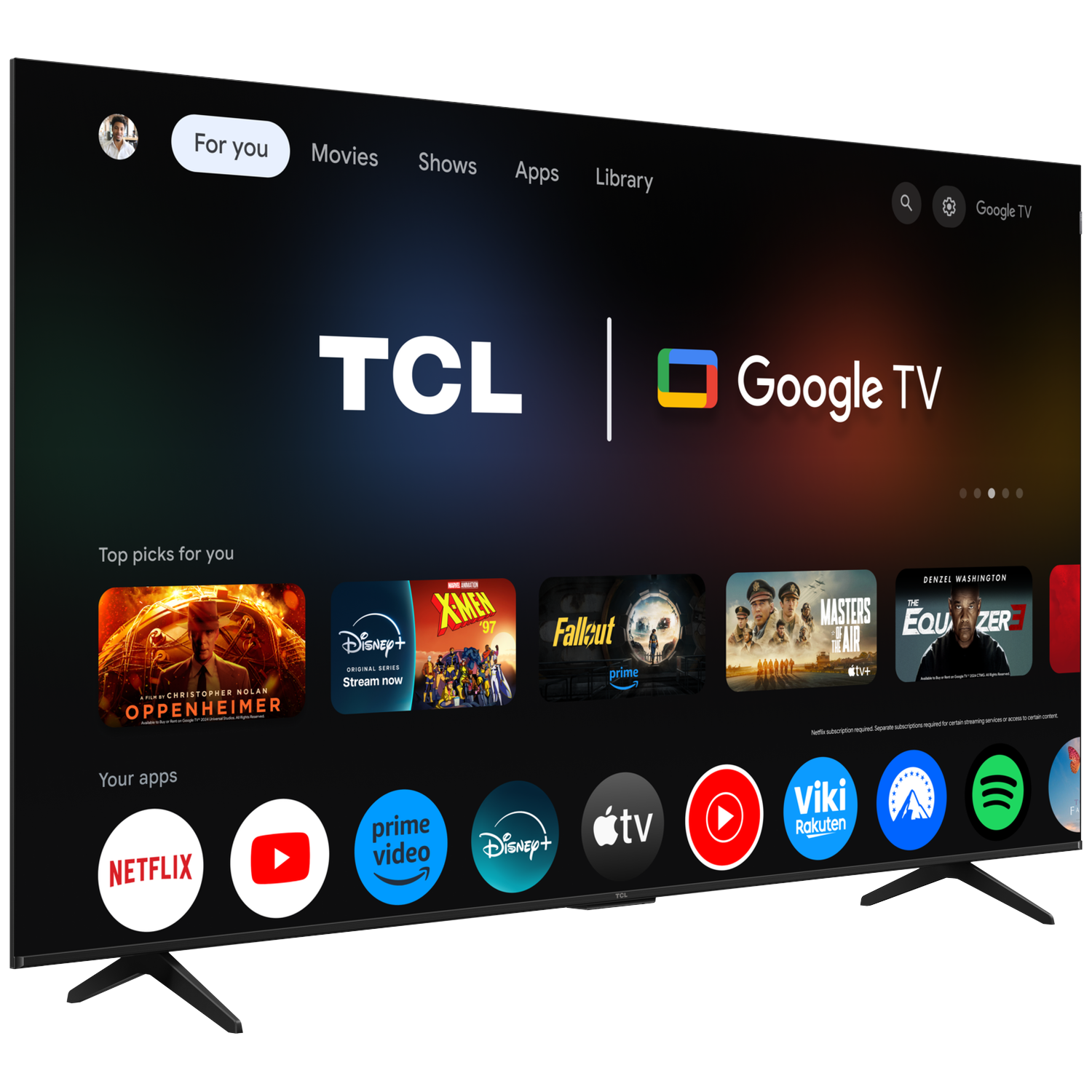A TCL Google TV displaying various apps like Netflix, Prime, Disney+. Features Oppenheimer.