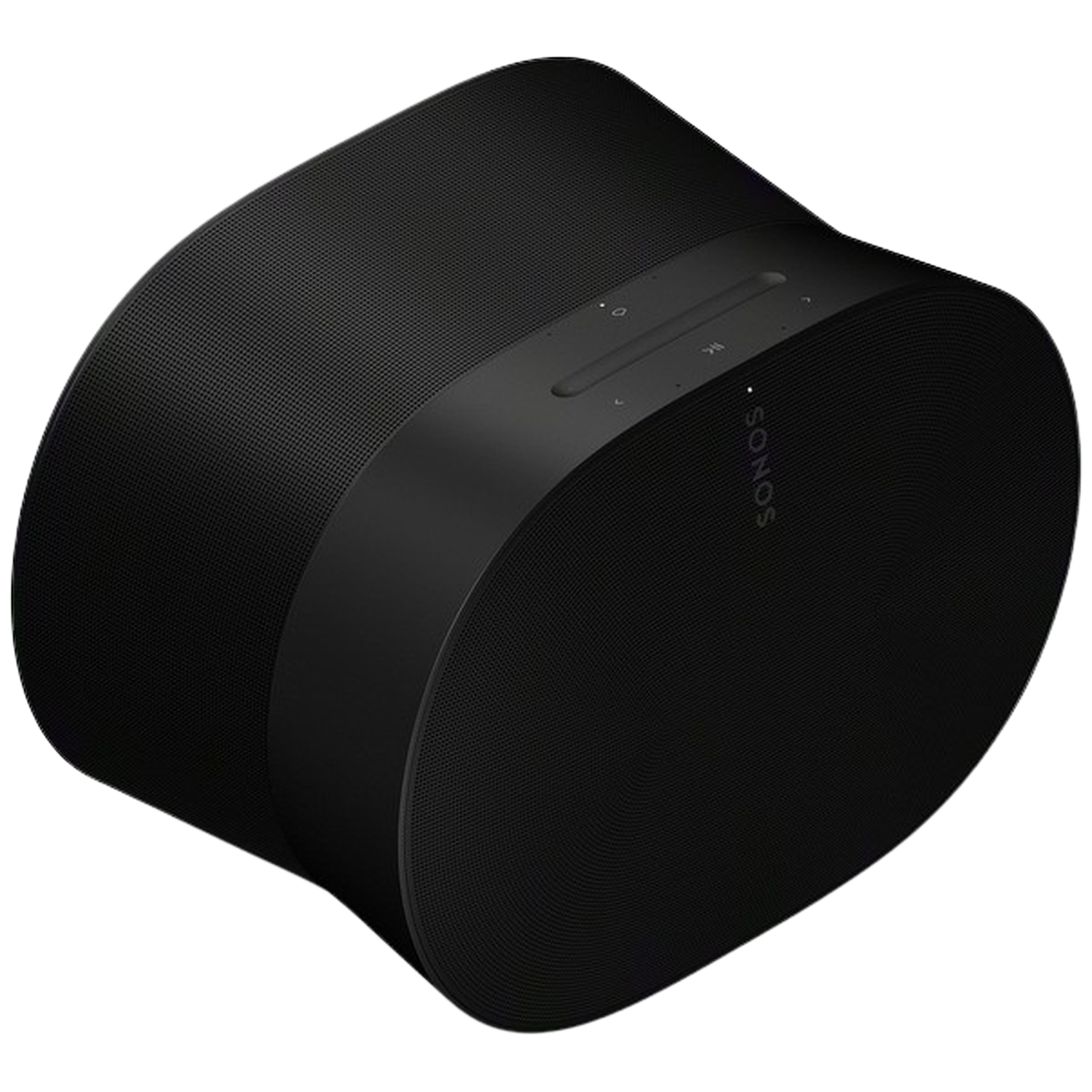 Zwarte Sonos speaker met geperforeerd oppervlak en bedieningsknoppen.